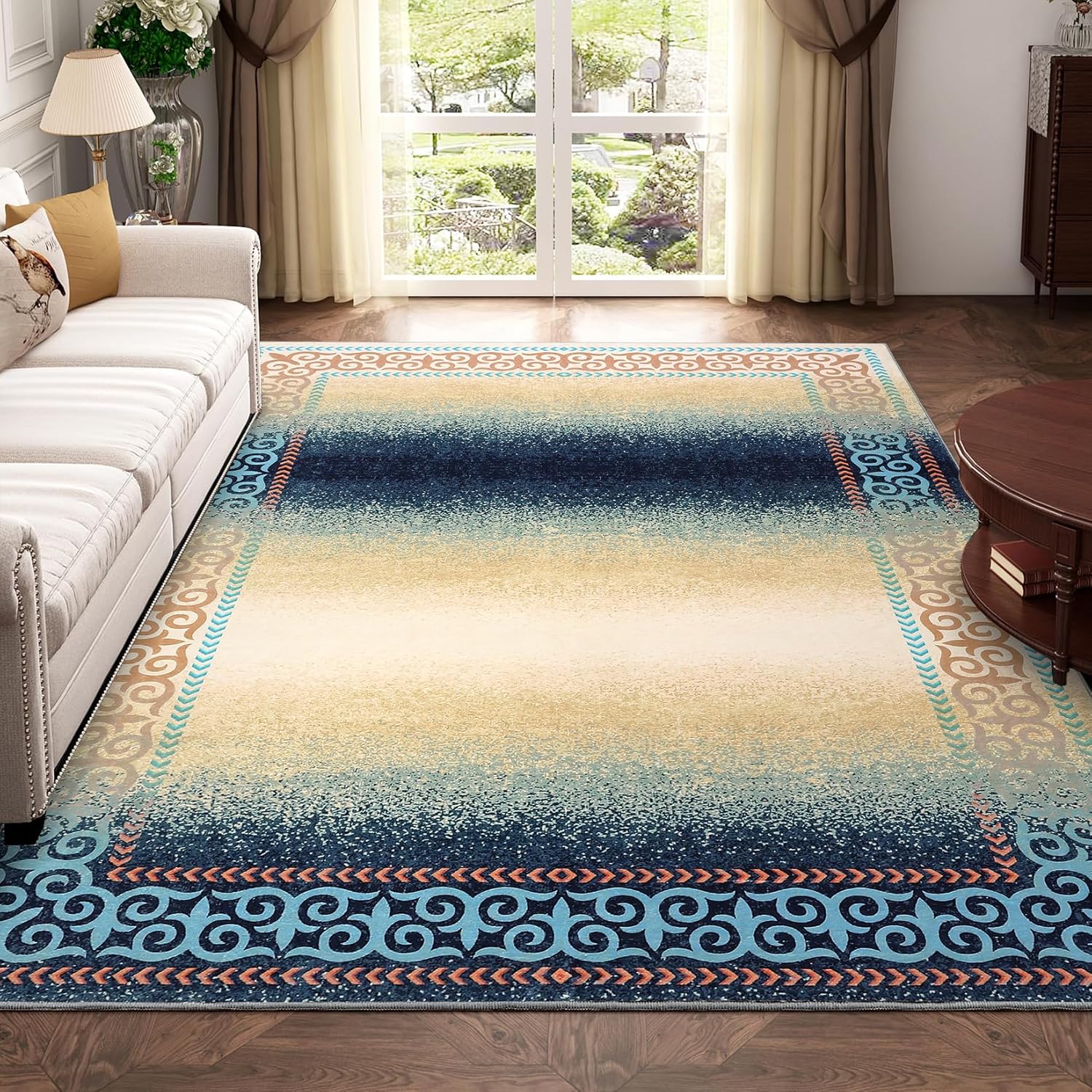 Qeetex WWJ-PHO-13EMUEZO Modern Bordered Area Rug 8x10 Washable Rug Non Slip Rugs for Living Room Bedroom Low Pile Foldable Thin Carpet Indoor Soft Non-Shedding Throw Rugs for Dining Room Home Office Bordered Blue