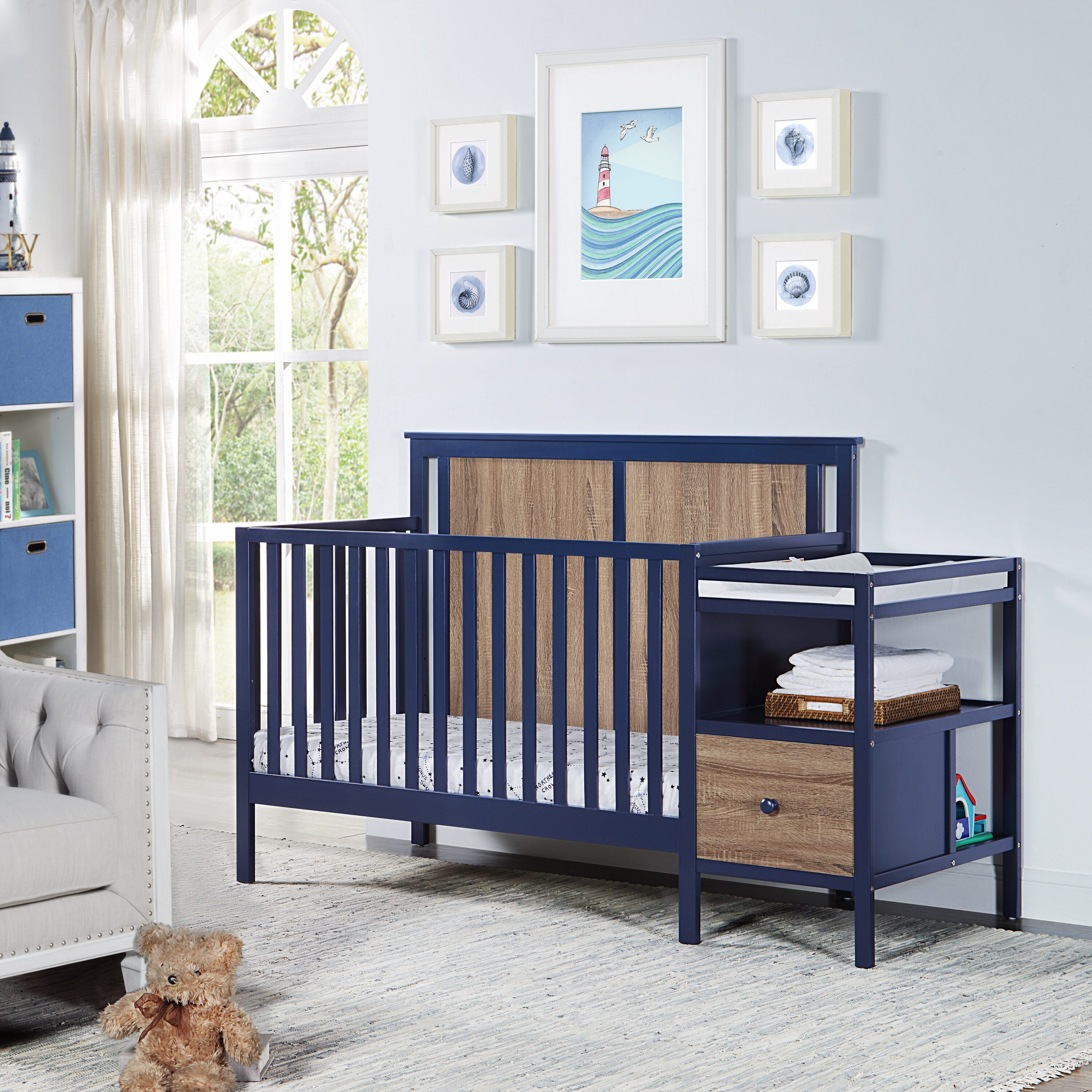 LOVMOR SF-H-B022P204837 4-in-1 Crib and Changer Combo Midnight Blue and Vintage Walnut