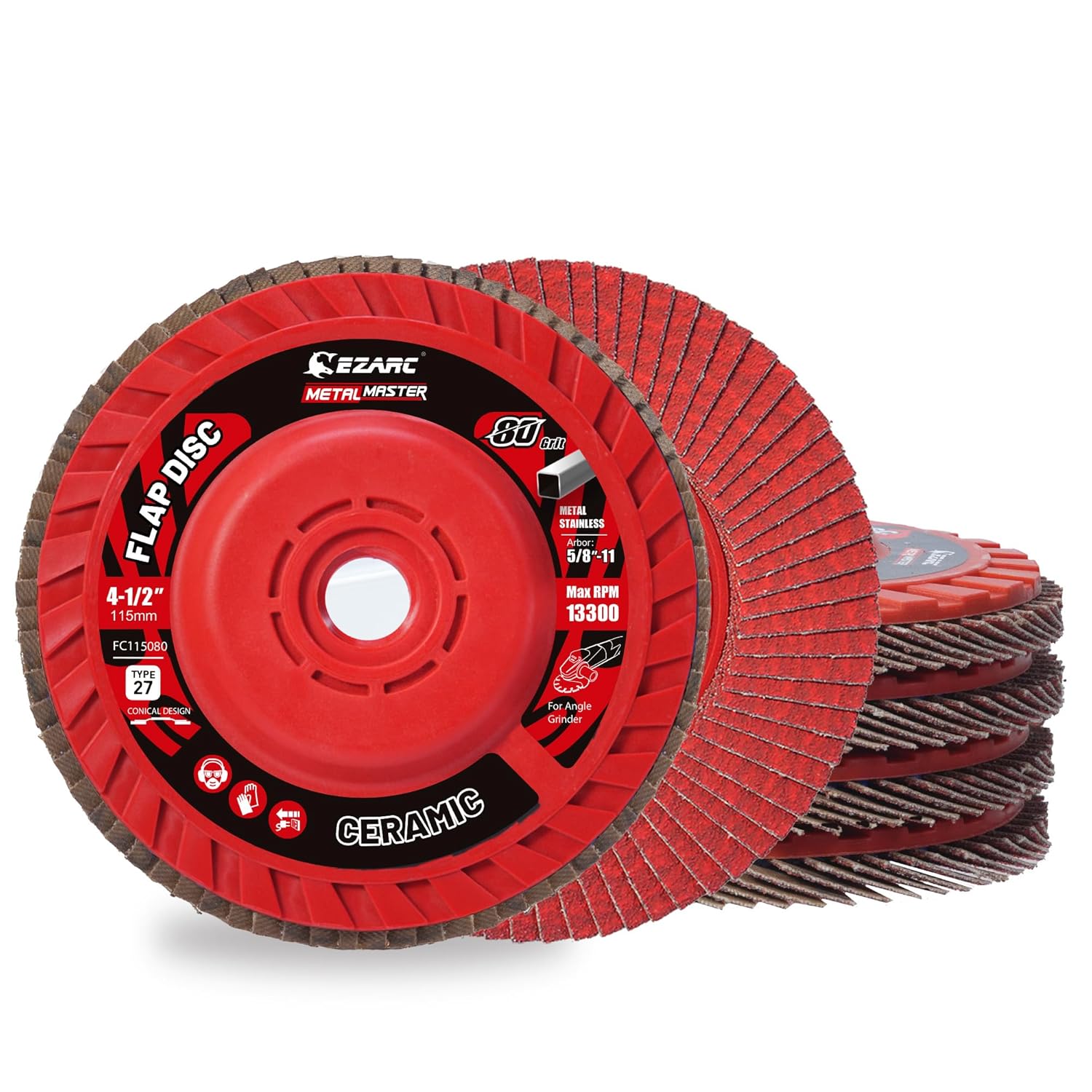 EZARC  Flap Discs 80 Grit 4.5-in Ceramic Grain Flap Sanding Disc Type 27 Heavy Duty Abrasive Trimmable Grinding Wheel Finishing for Stainless Steel Sheet Metal 5 Pack