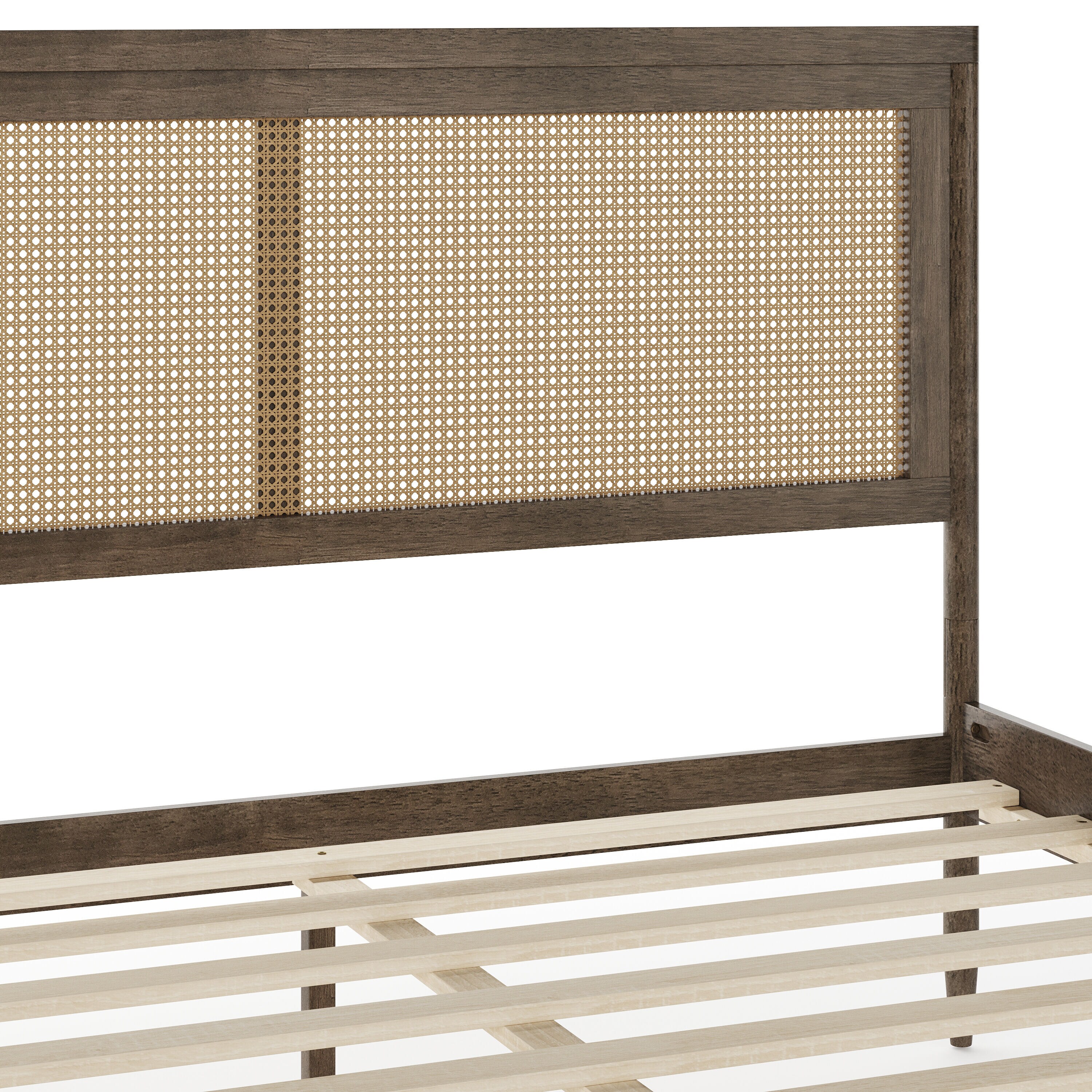 Brown Gray Queen Wood Platform Bed with Rattan Headboard and Footboard