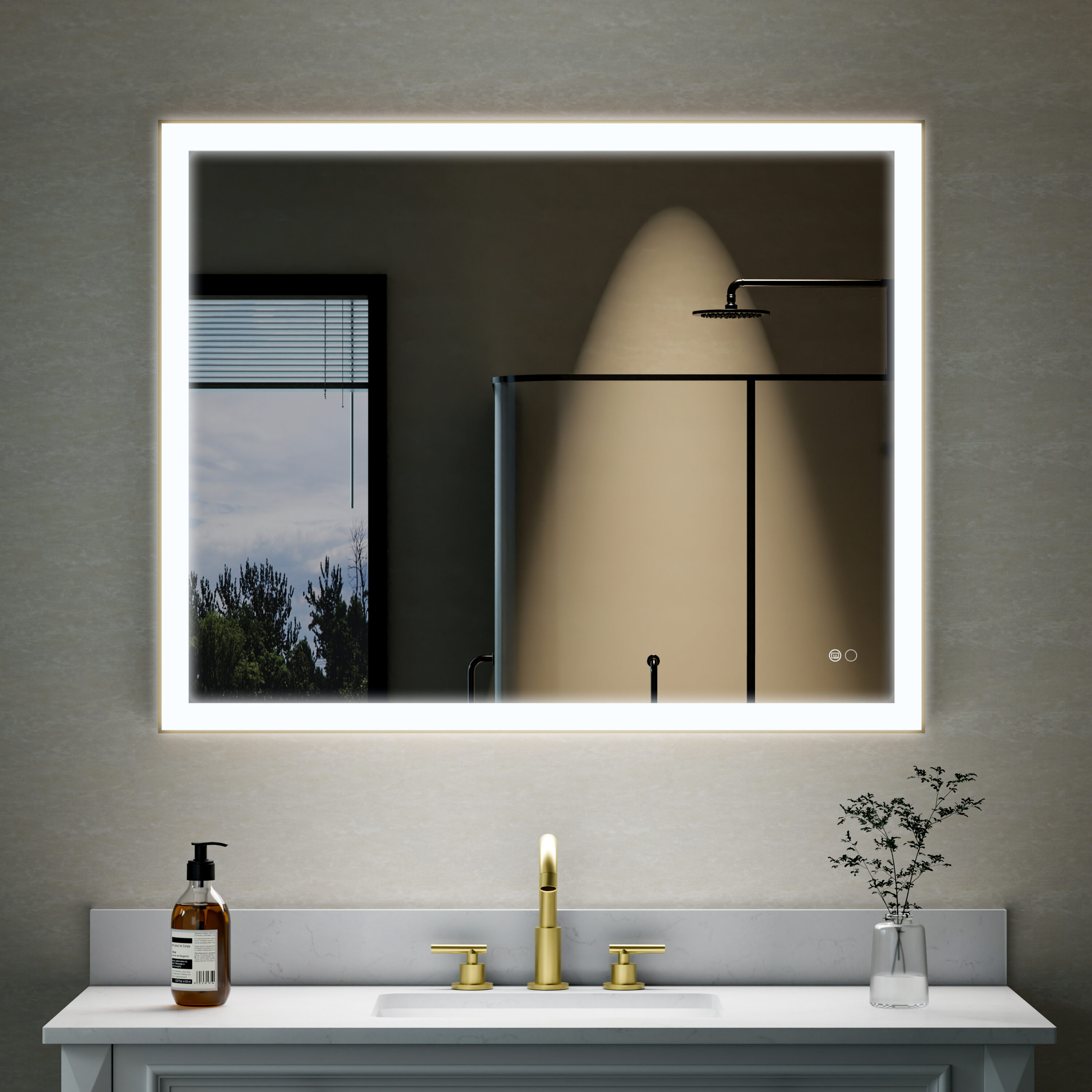 WELLFOR W5FM4032GD RECA Framed LED Mirror 40-in x 32-in Framed Rectangle Dimmable LED Lighted Fog Free Bathroom Vanity Mirror ( Gold )