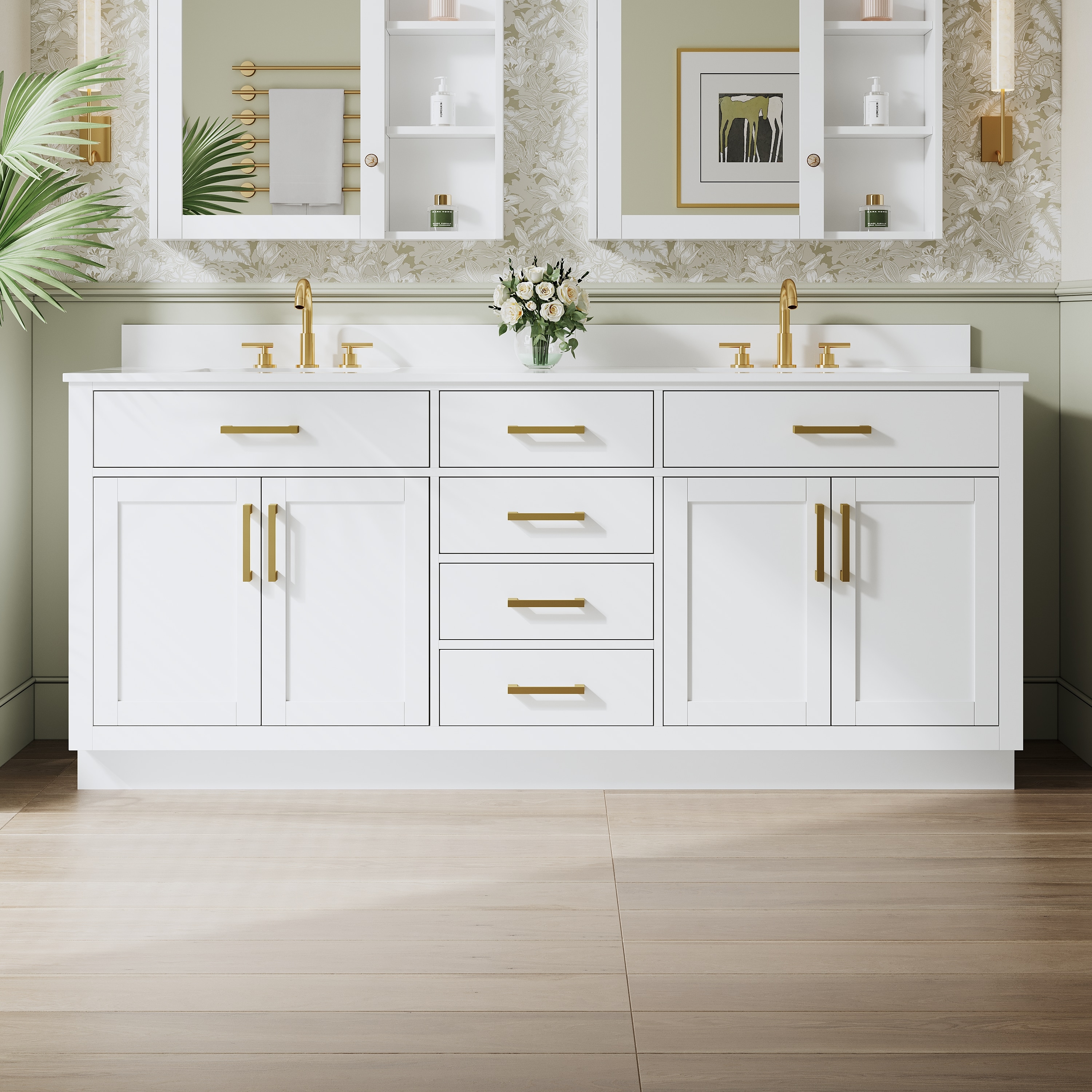 Gtnali - 80-in White Solid Wood Double Sink Bathroom Vanity with Pure White Cultured Marble Top S...
