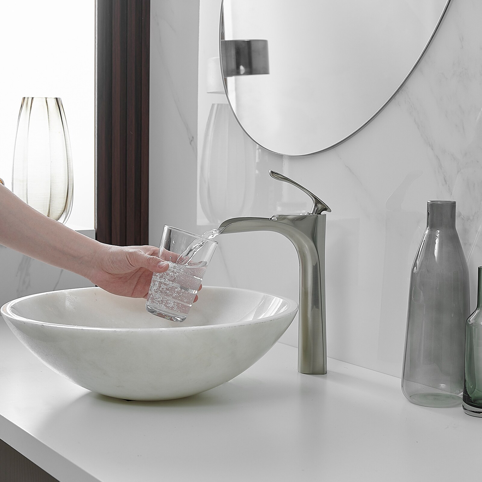 Brushed Nickel Single Handle Vessel Sink Faucet with Drain Assembly