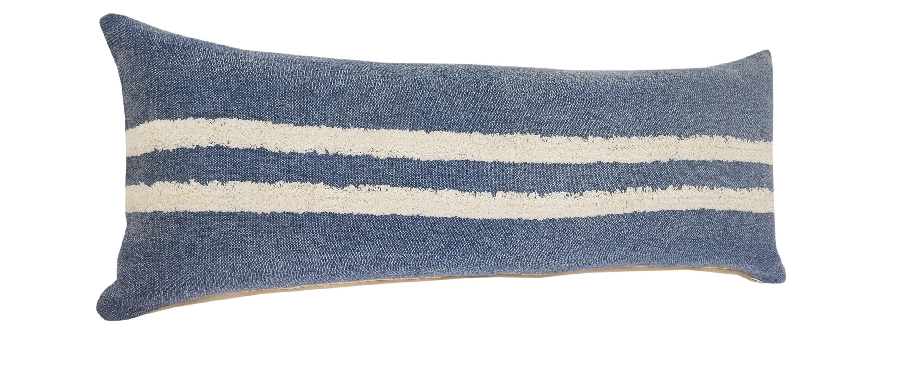 Dusty Blue and White Striped Tufted Lumbar Throw Pillow, 14" x 36"