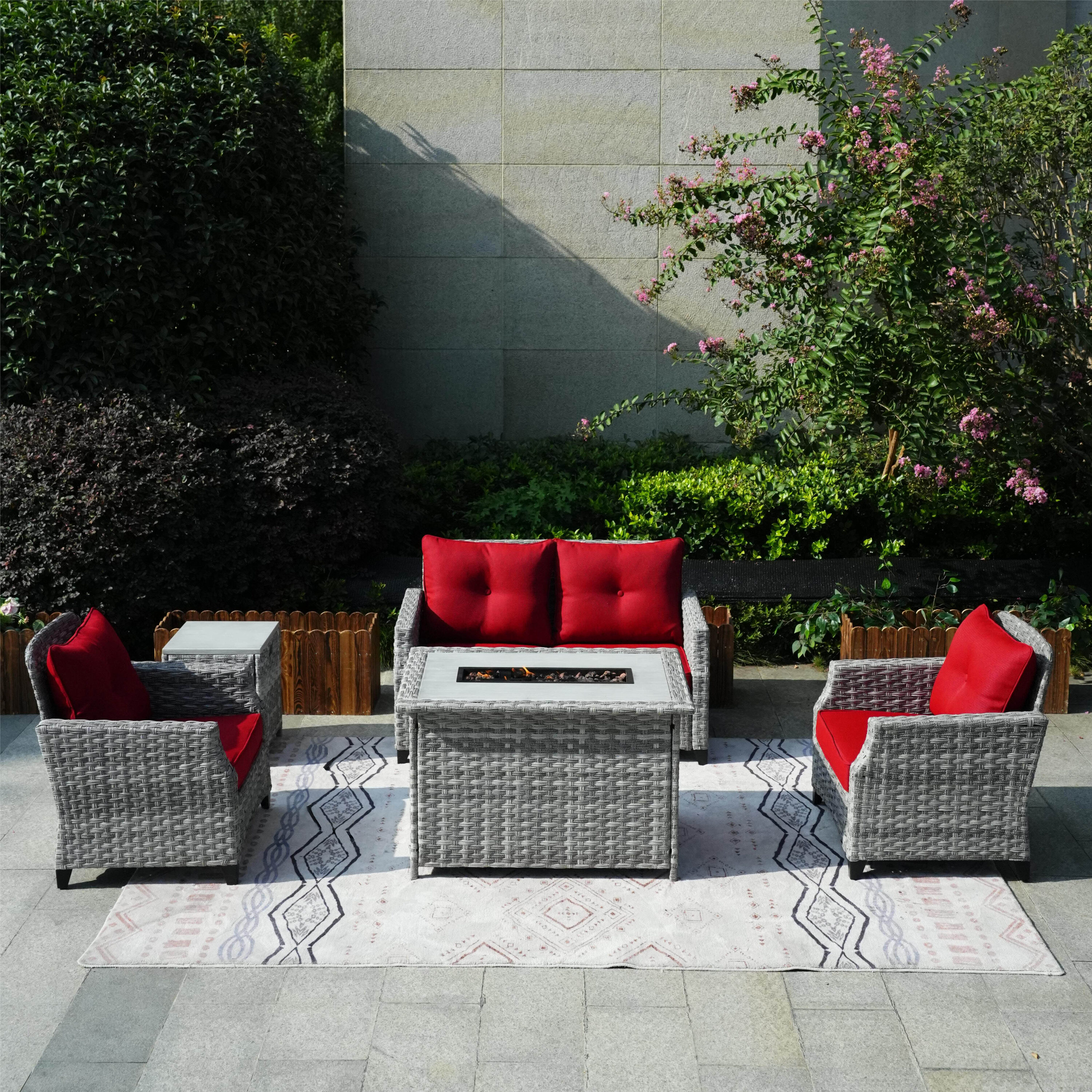 Moda Furnishings PAF-1801-H-RED 5-Piece Wicker Patio Conversation Set with Red Cushions