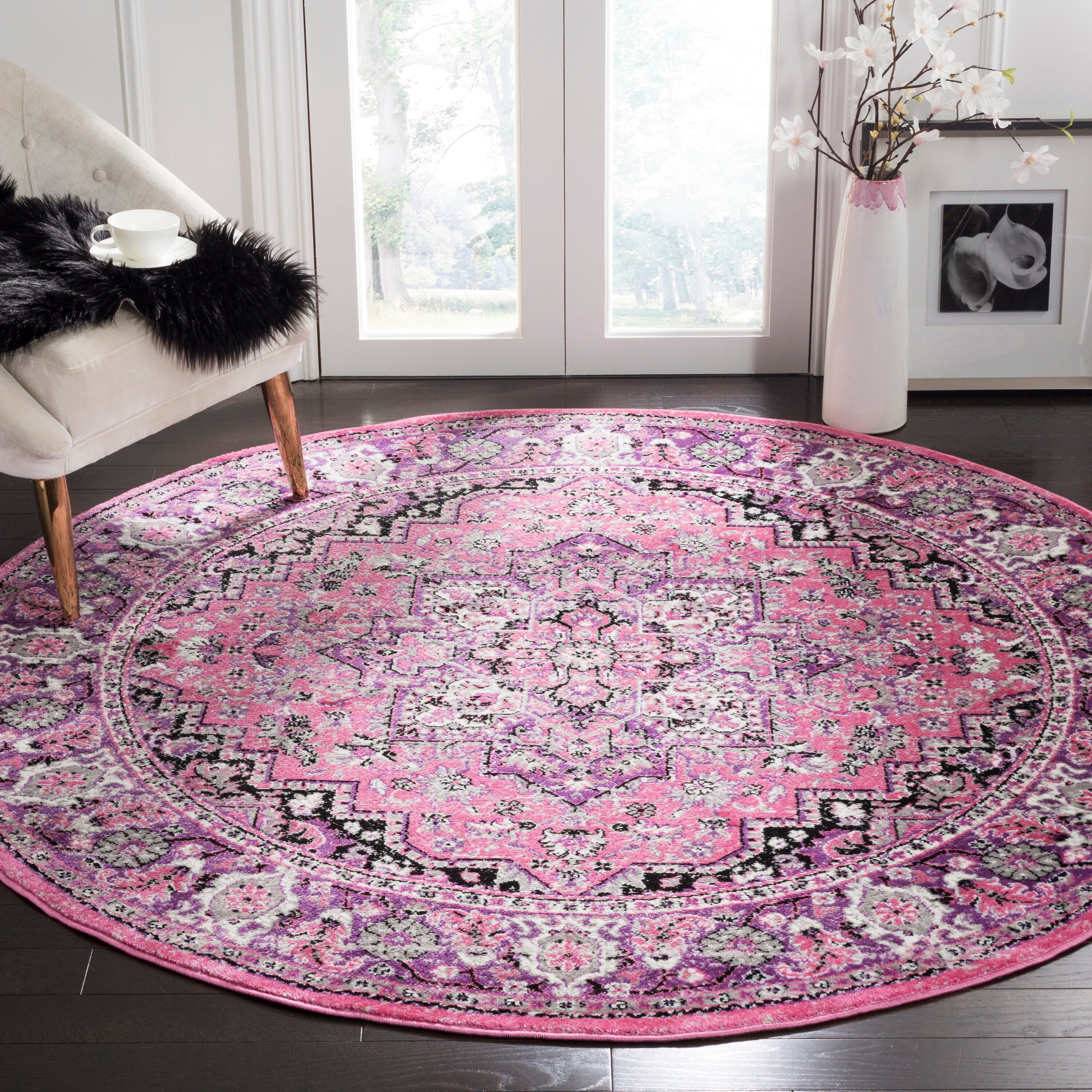 Safavieh SKY126N-6R Skyler Pasah 6 x 6 (ft) Loomed Polypropylene Pink/Ivory Round Indoor Floral/Botanical Oriental Area rug