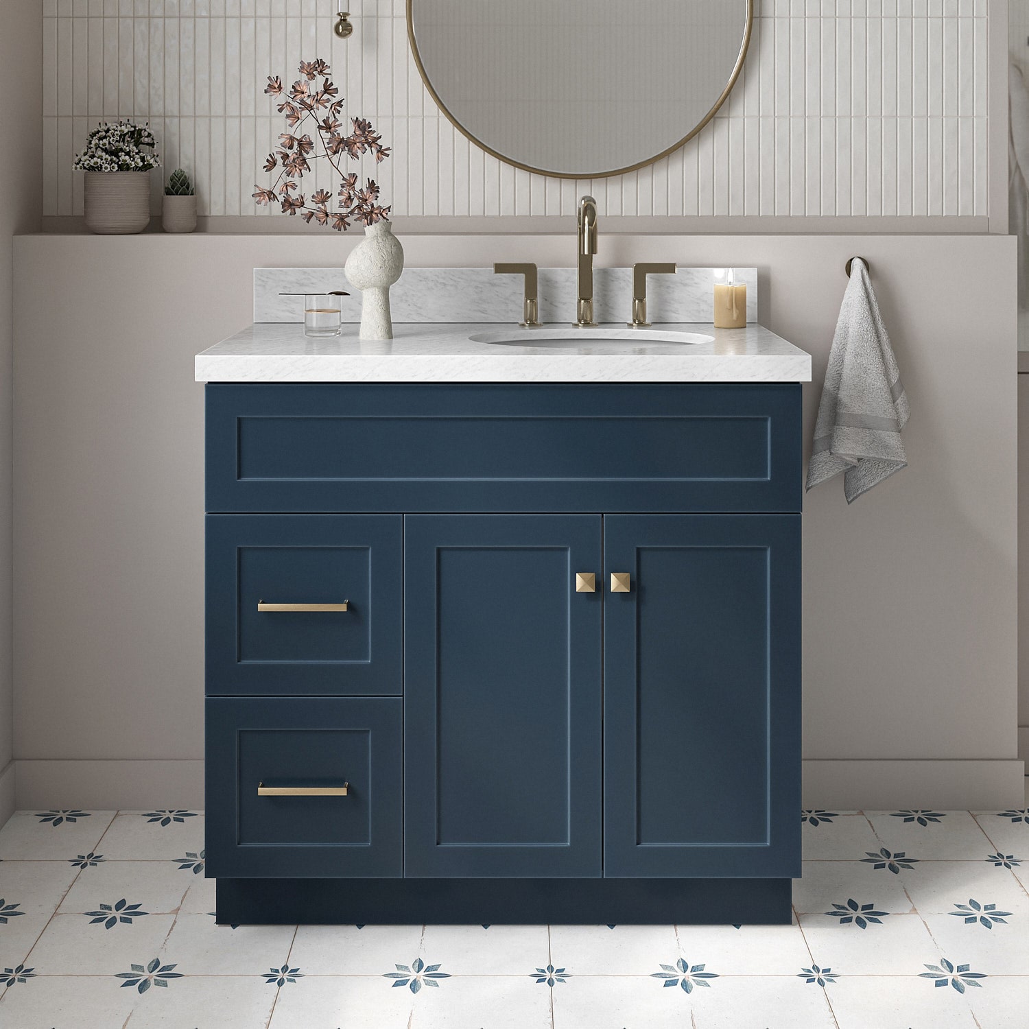 ARIEL F037SRCWOVOMNB Hamlet 37-in Midnight Blue Undermount Single sink Bathroom Vanity with Carrara White Marble Marble Top