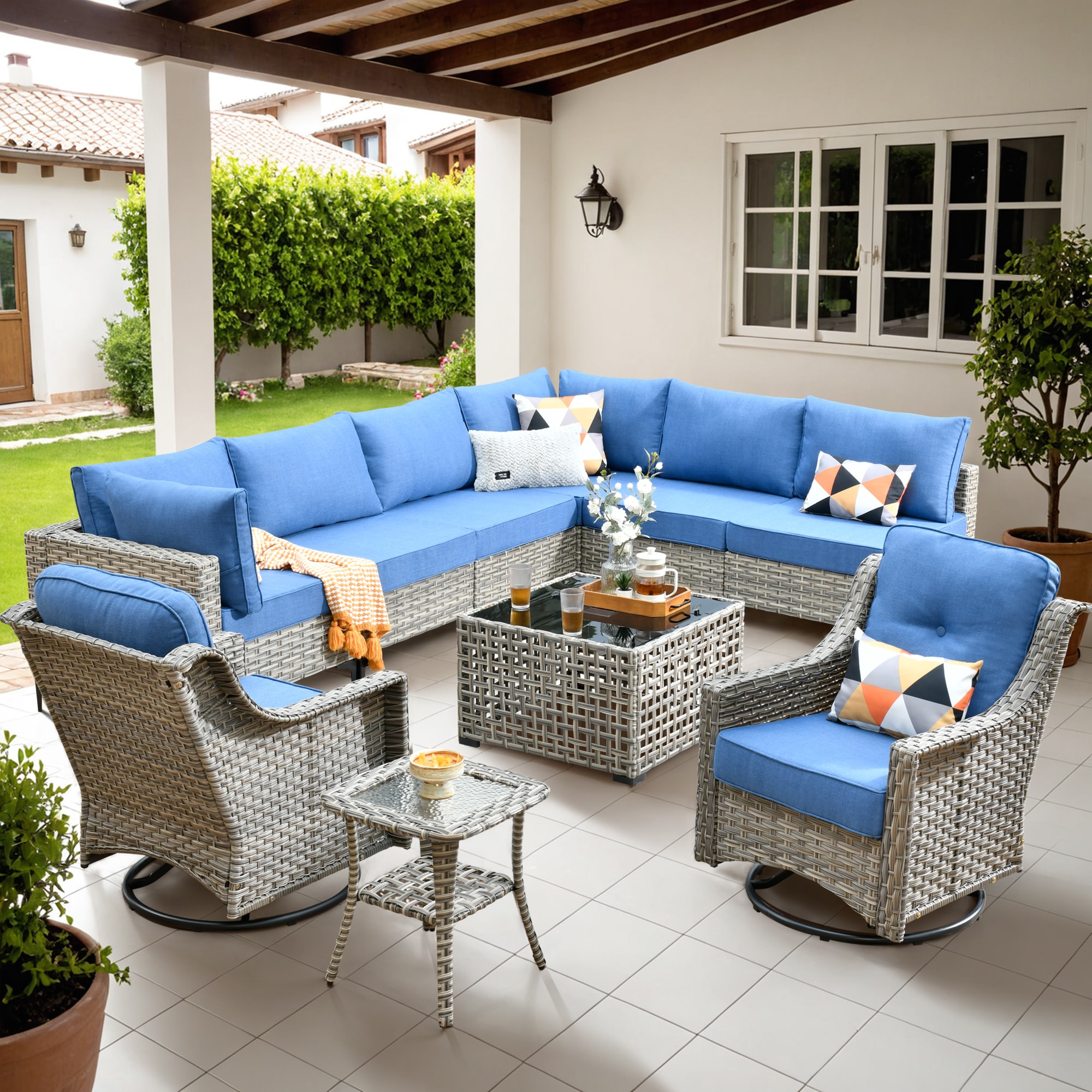 Caodoc L5-YZSKT510-1 YZSKT Wicker Outdoor Sofa with Blue Cushions and Wicker Frame