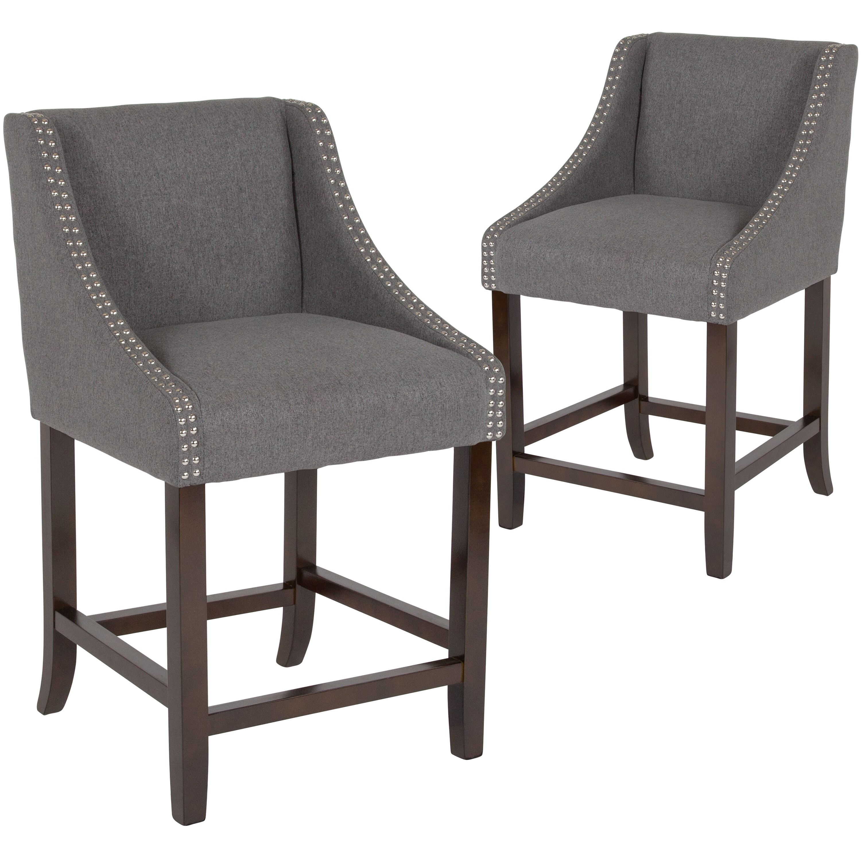 Flash Furniture 889142876632 Carmel Set of 2 Dark Gray Fabric 25-in H Counter height Upholstered Wood Back Bar Stool with Arms and Back