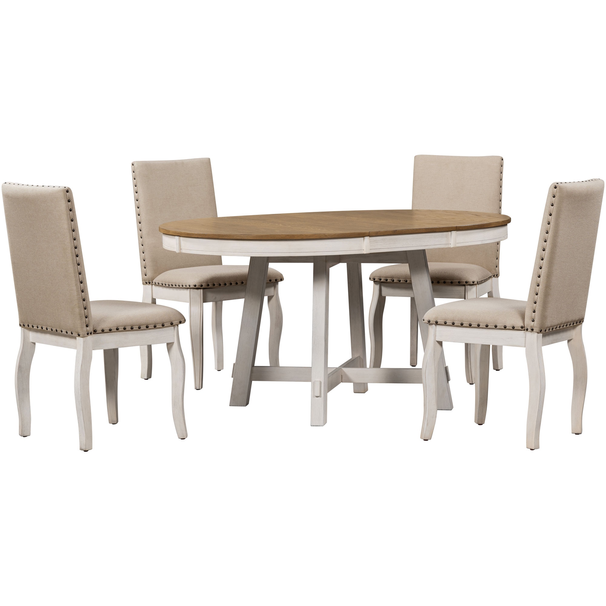 SINOFURN SYA330070BG Oak Natural Wood + Antique White Country Dining Room Set with Round Table ( Seats 4 )