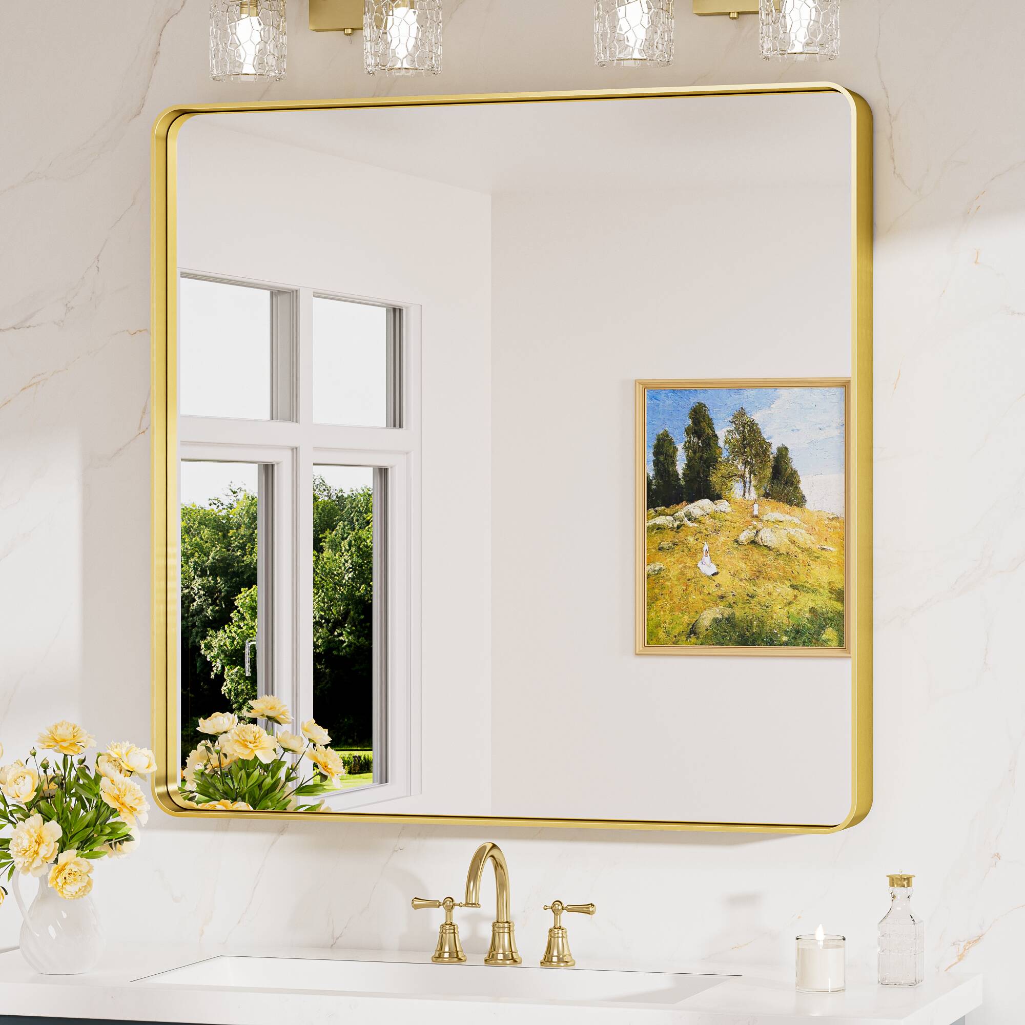 Keonjinn LW-JSKYJ2-9191GD Bathroom Mirrors 36-Inches W x 36-Inches H Square Brushed Gold Framed Wall Mirror