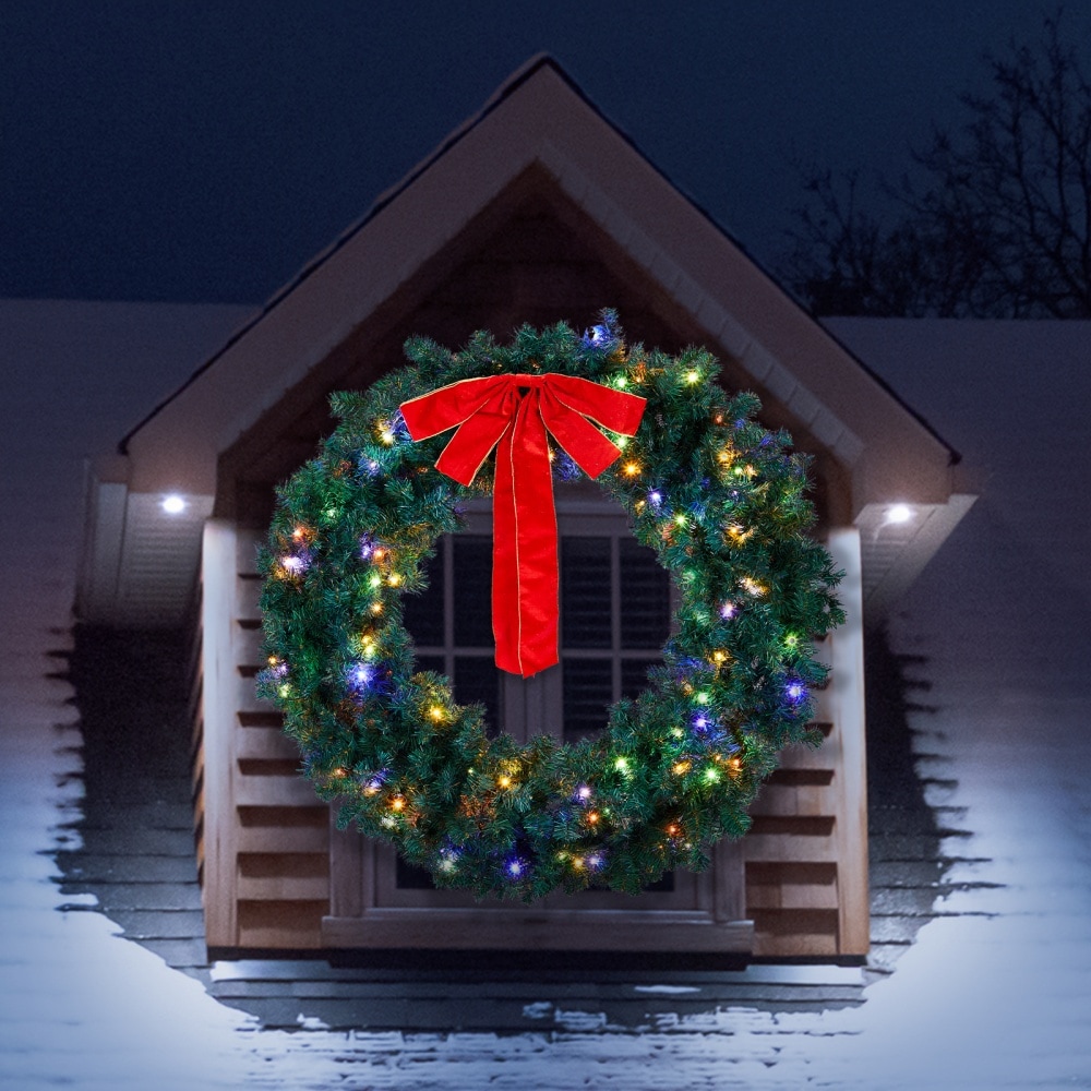 Upsimples 53372683-SYHJQ001 48in Lighted Artificial Christmas Wreath 450 PVC Fir Branches 150 Warm White Multi Color LEDs Full Lush Decor for Front Door Mantel Wall