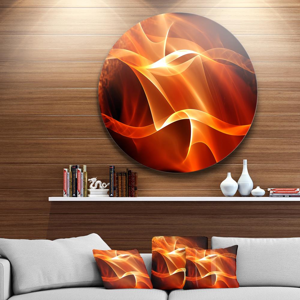 Orange Abstract Fractal Waves Round Metal Wall Art