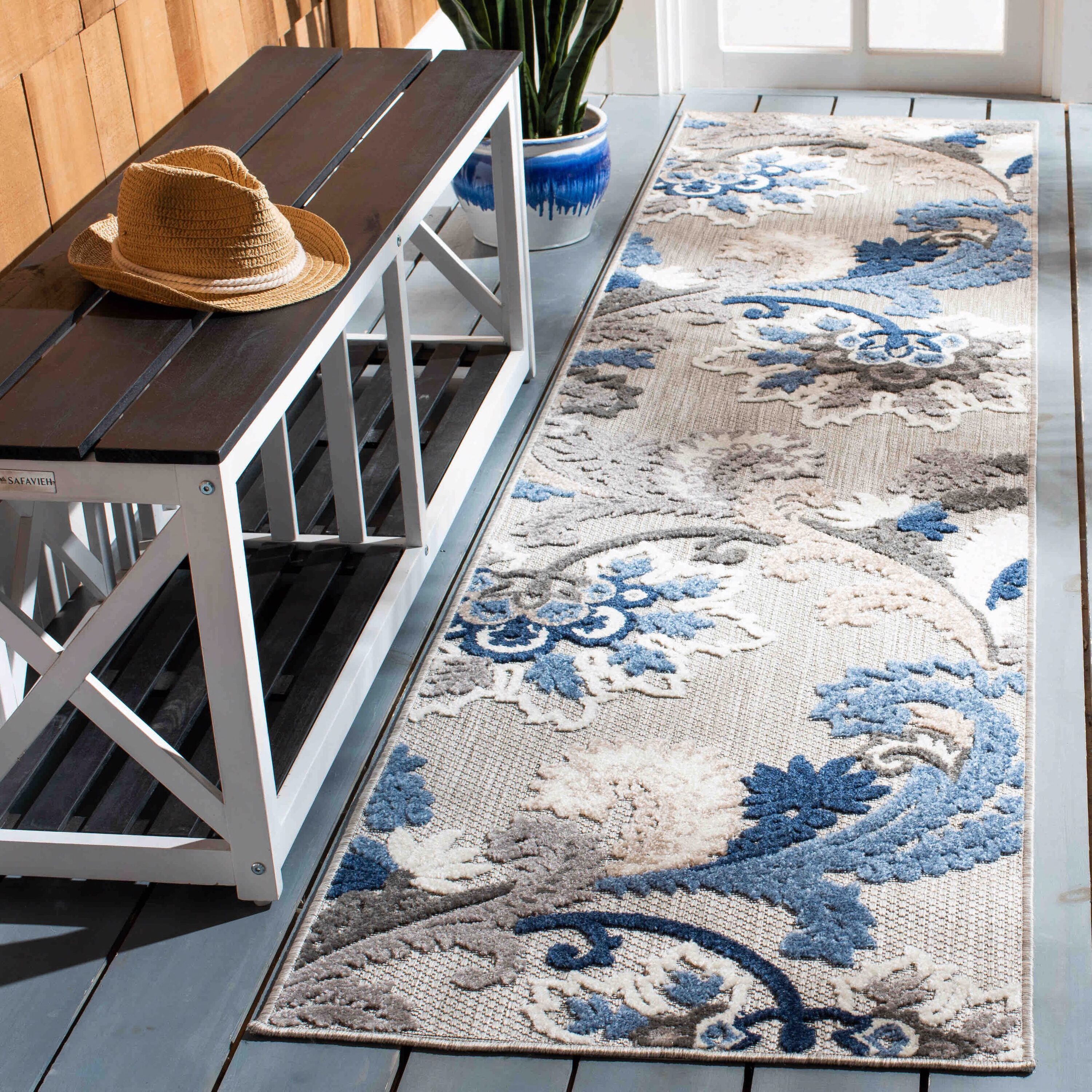 Safavieh CBN305F-29 Cabana 2 x 9 (ft) Loomed Synthetic Gray/Blue Rectangular Indoor/Outdoor Floral Tropical Runner rug