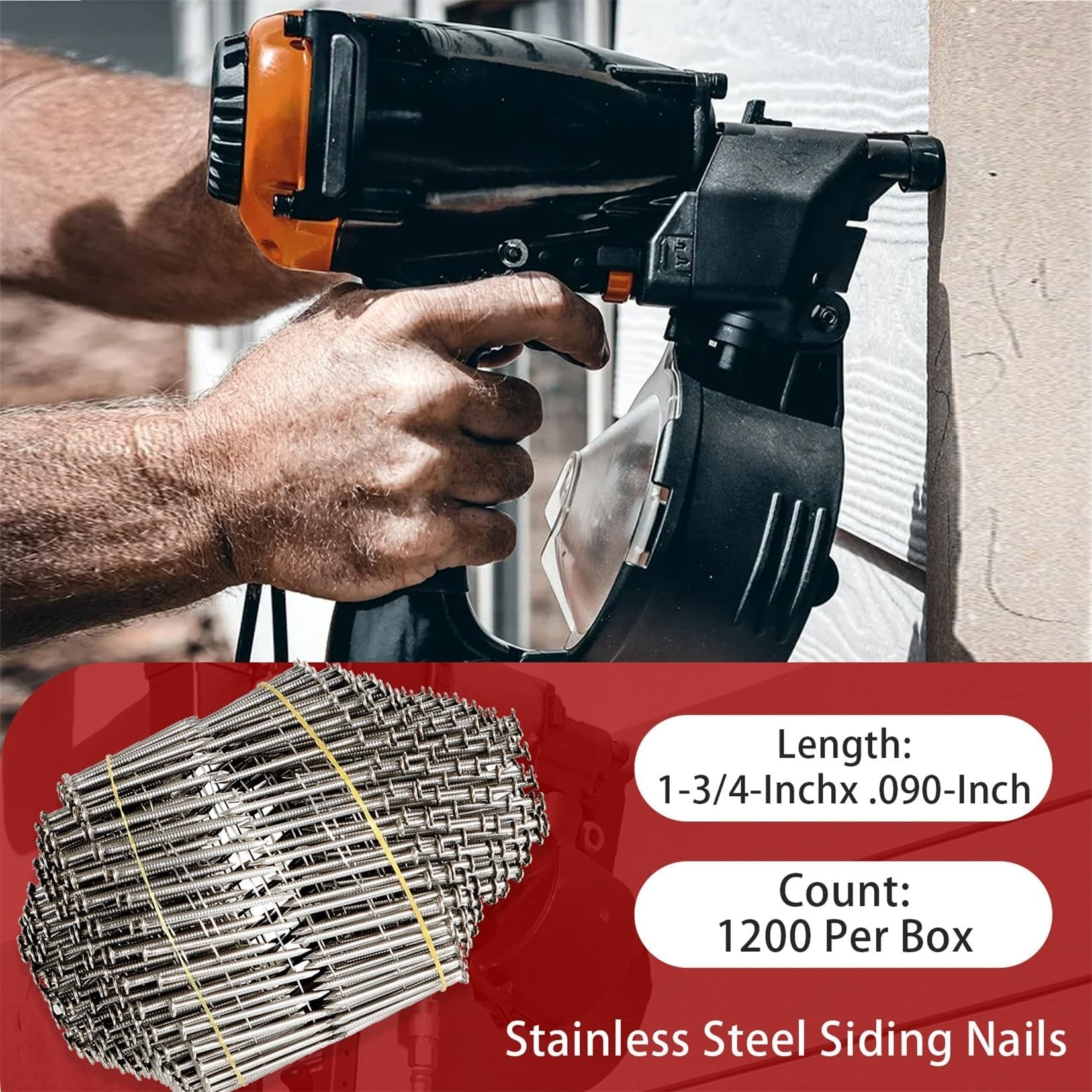 Etokfoks  Stainless Steel Siding Nails 1 3 4 Inch 0 090 Inch Diameter 15 Degree Ring Shank 1200 Pack Wire Collated for Lathing Sheathing