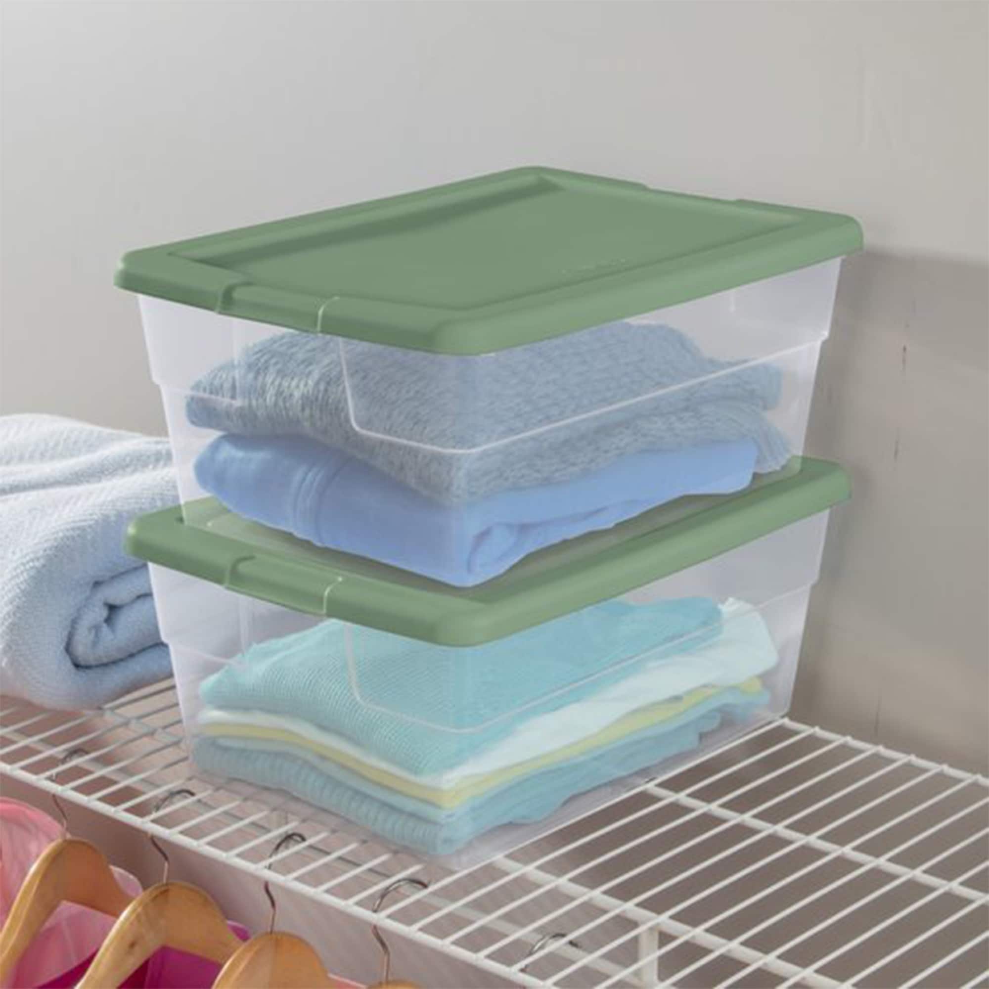 Sterilite 16 Quart Clear Plastic Storage Totes with Green Lids, 4 Pack