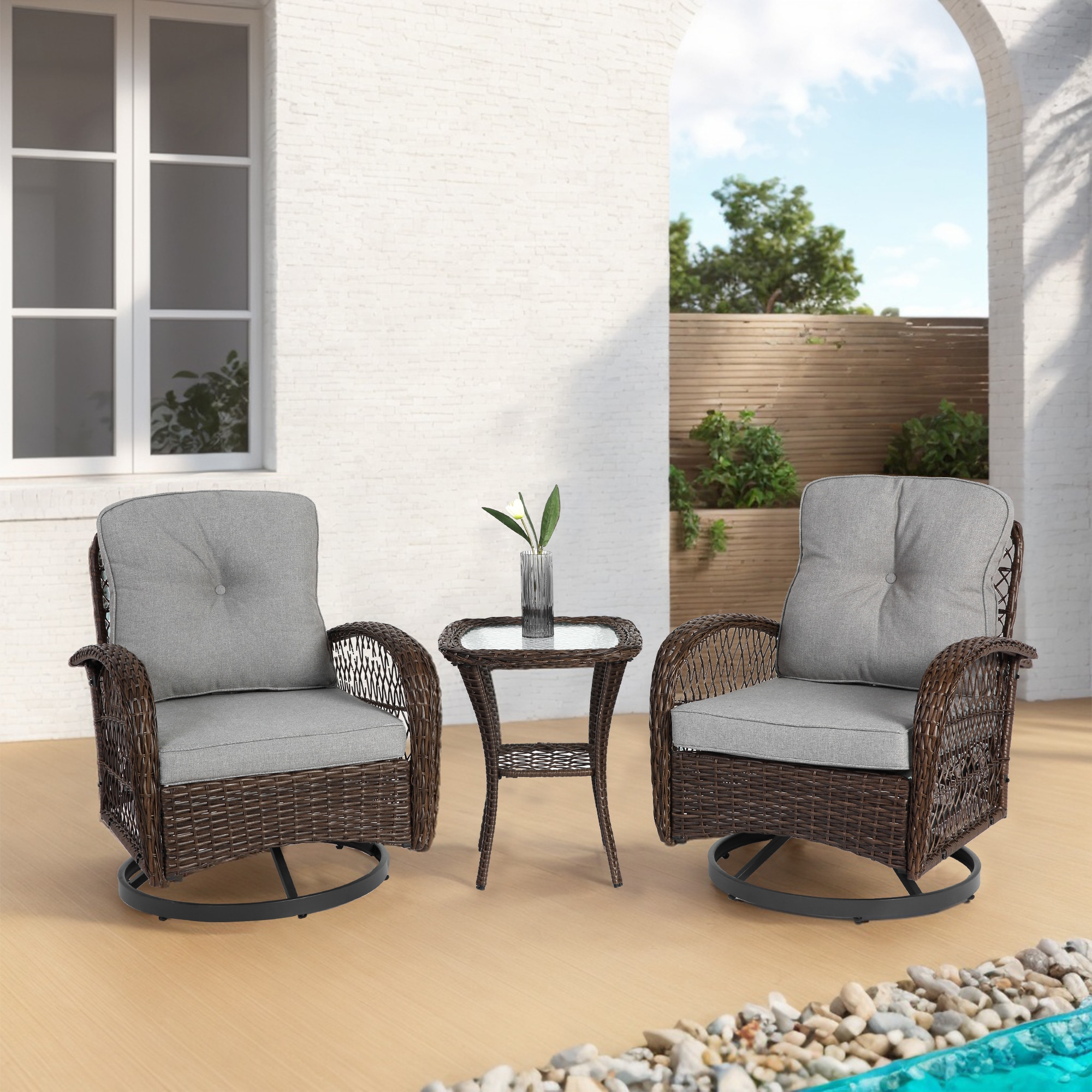 AAZJ JHI-W640P263665 Patio Conversation Sets 3 -Piece Patio Conversation Set with Gray Cushions