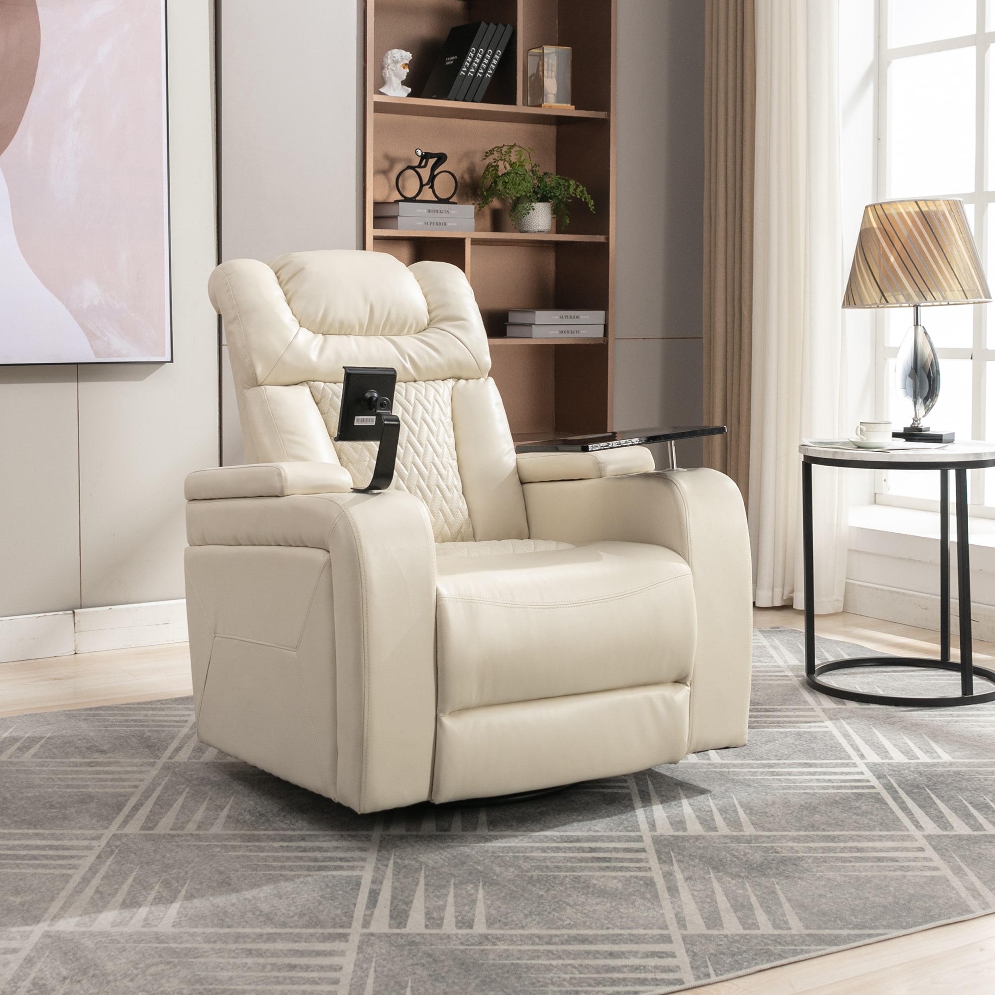 Nestfair RC0190K White Leather Upholstered Swivel Powered Reclining Recliner with Lift Assistance