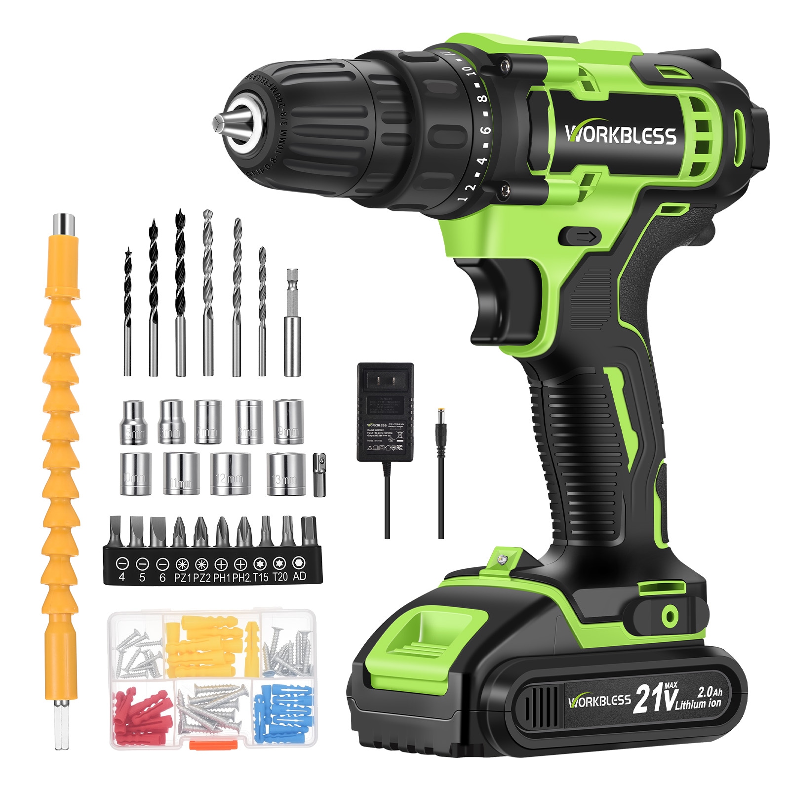Unique Bargains WORKBLESS 21V Power Drill Set Cordless Drill with Battery and Charger 3/8 Inch Keyless Chuck Variable Speed 18+1 Torque Setting and 28pcs Drilling/Driver Bits Tool Set(Green) #S26011900UX2441