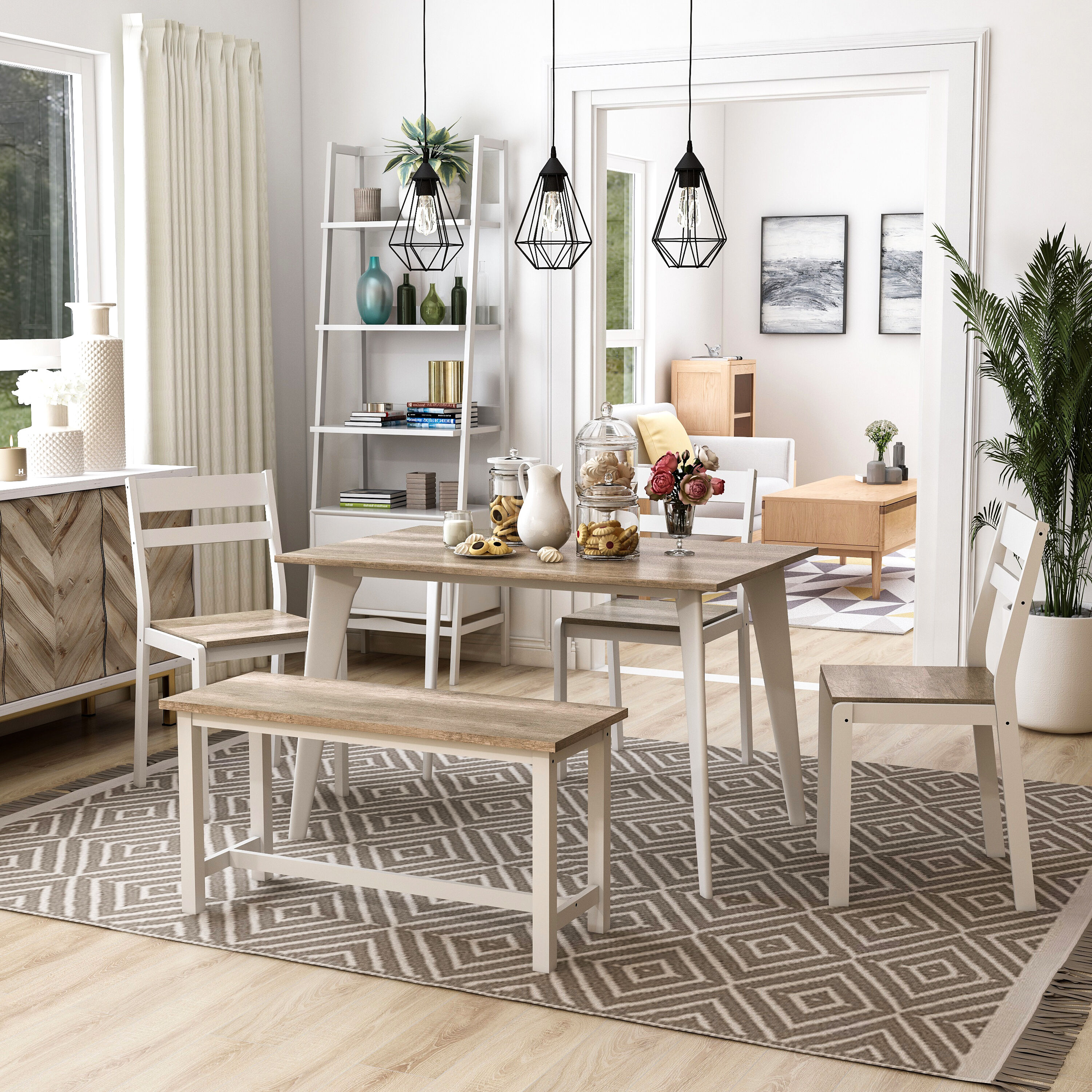 Furniture of America IDF-3714NT-T-BN-5PK Aviani White natural Transitional Dining Room Set with Rectangular Table ( Seats 5 )