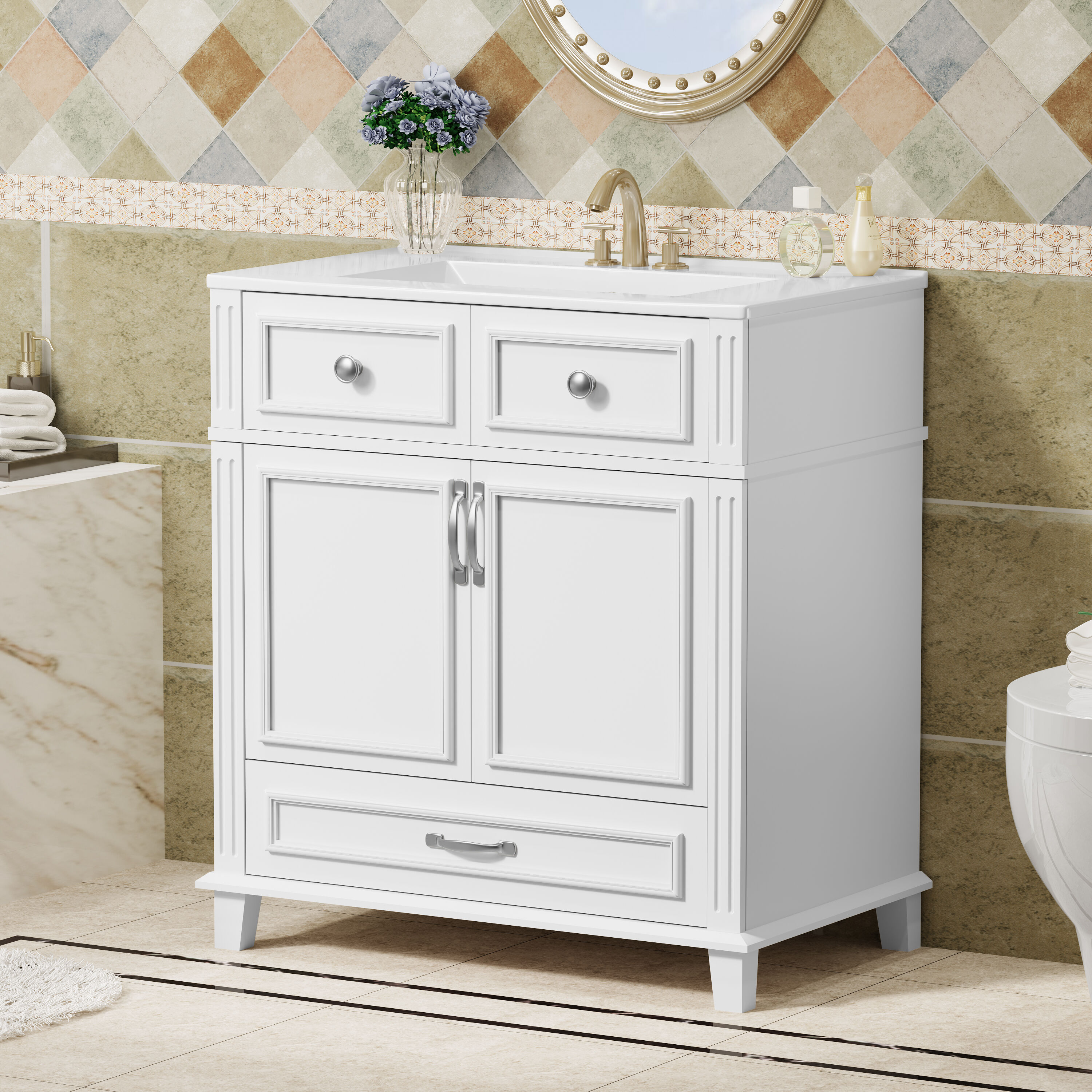 LOVMOR SF-M-N710P190656K 30Inch Bathroom Vanity with Ceramic Sink Solid Wood Frame Bathroom Storage Cabinet with Soft Closing Doors Retro Style White