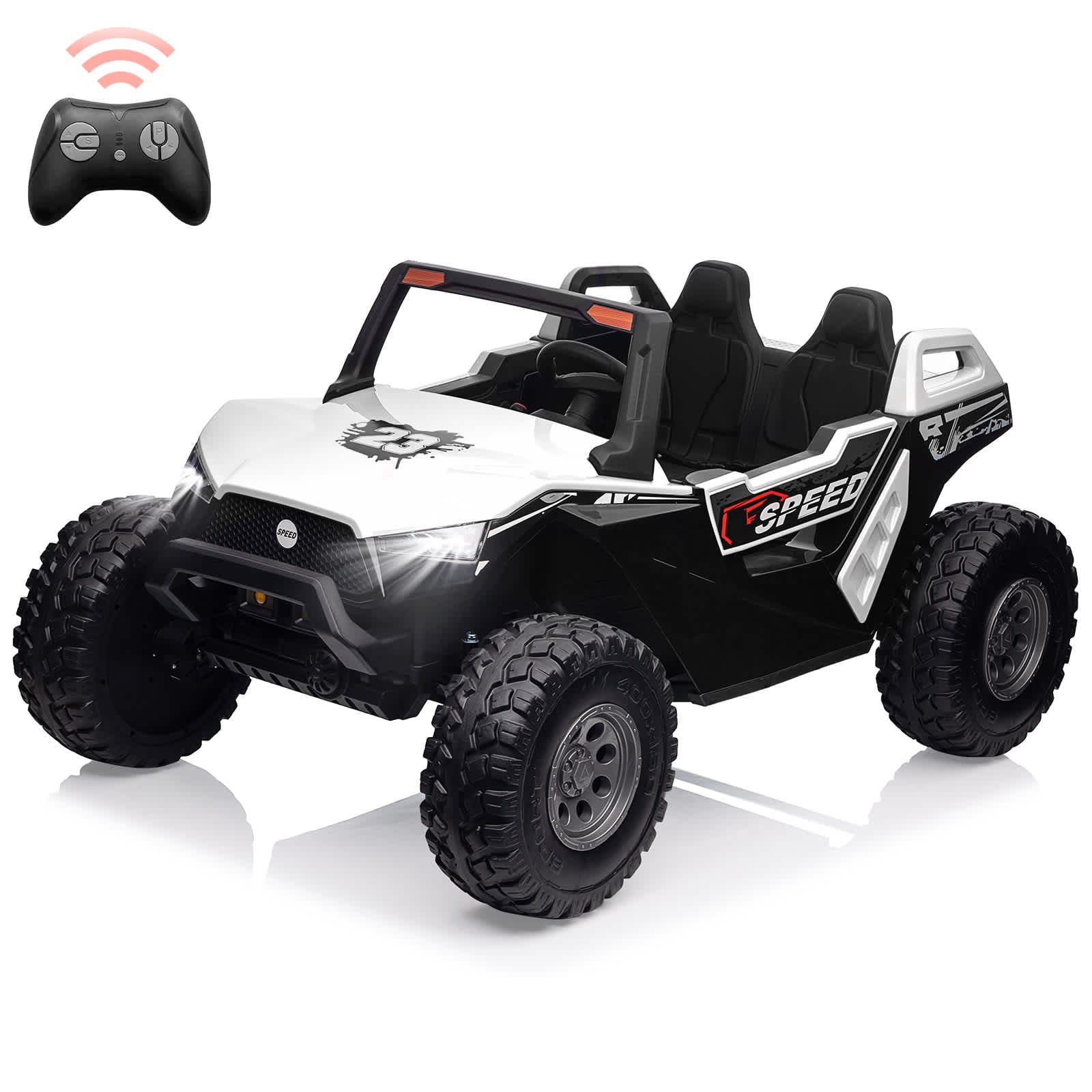 Qeetex RIDEPTO0Z0FYFHA 24V 2 Seater Ride On UTV Car For Kids With Remote Control Dual Driving Modes Adjustable Seating Large Eva Wheels Music And Lights White