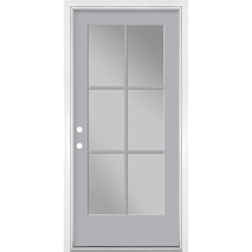 Masonite 1524282 36-in x 80-in x 4-9/16-in Fiberglass Full lite Right-hand inswing Infinity Gray Painted Prehung Single door Front Door with Brickmould Insulating core Simulated divided light