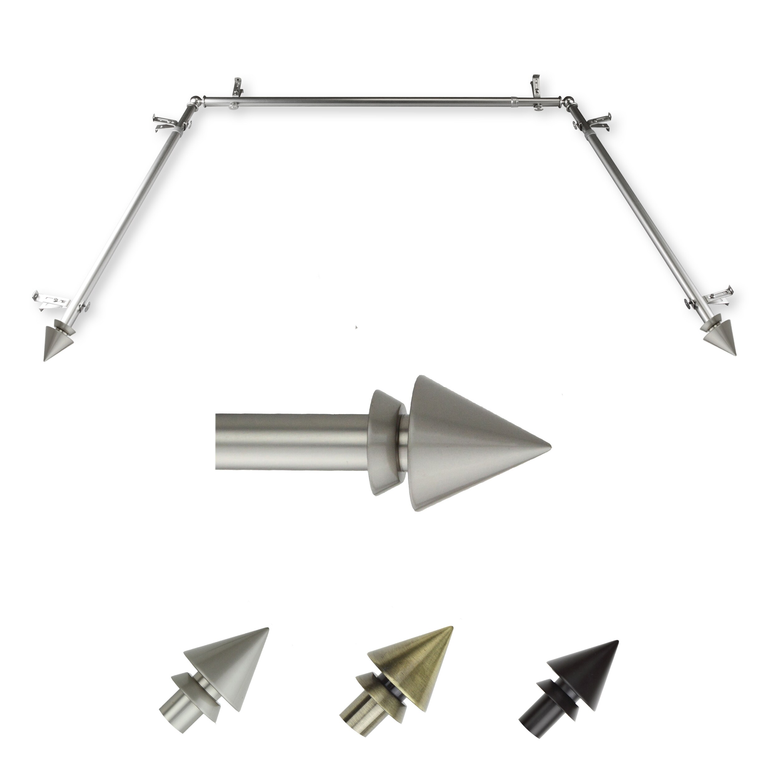 Hart & Harlow LO-ABAY-65-5 72-in to 144-in Satin Nickel Steel Bay window curtain rod with Finials