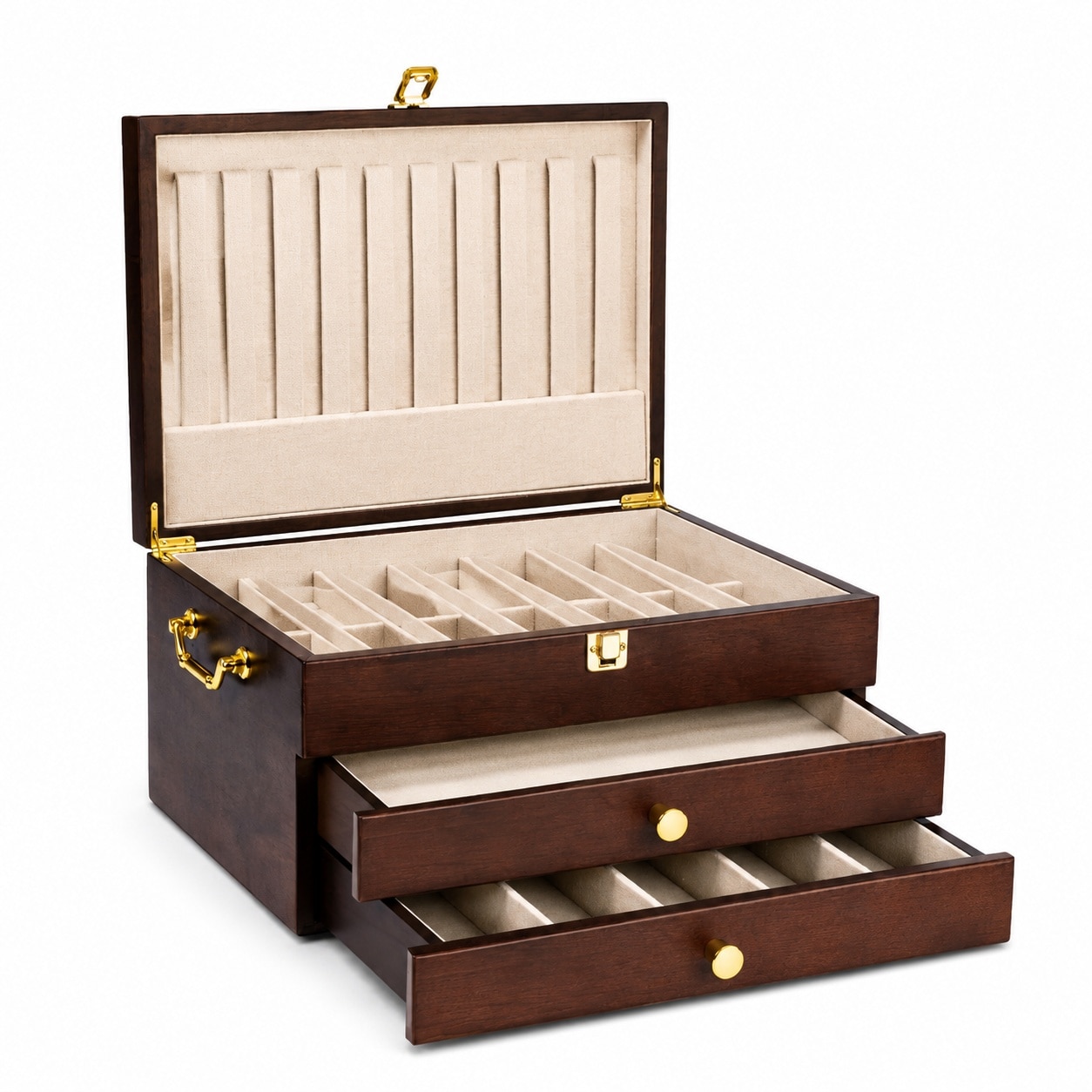 Aoibox  3 Layer Wooden Flatware Storage Chest with Pull Out Drawer Golden Handles and Linen Liner in Walnut