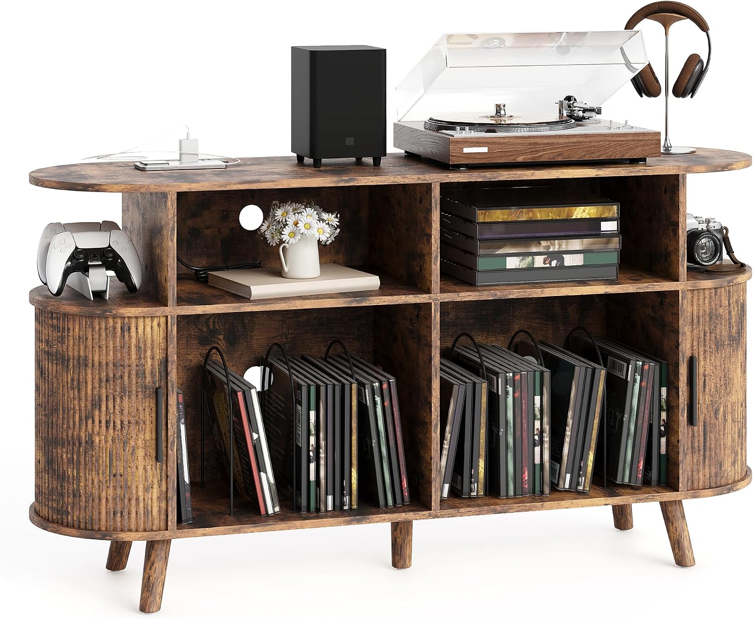GAOMON 55in Fluted Mid Century Modern Turntable Cabinet with Vinyl ...