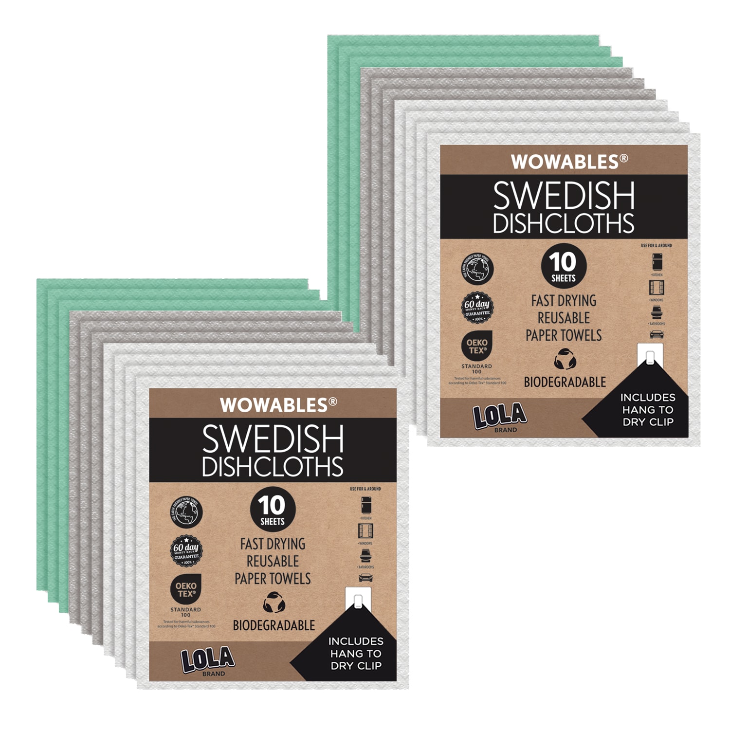 LOLA Swedish Dishcloths 20 Pk - Biodegradable Reusable Paper Towels 