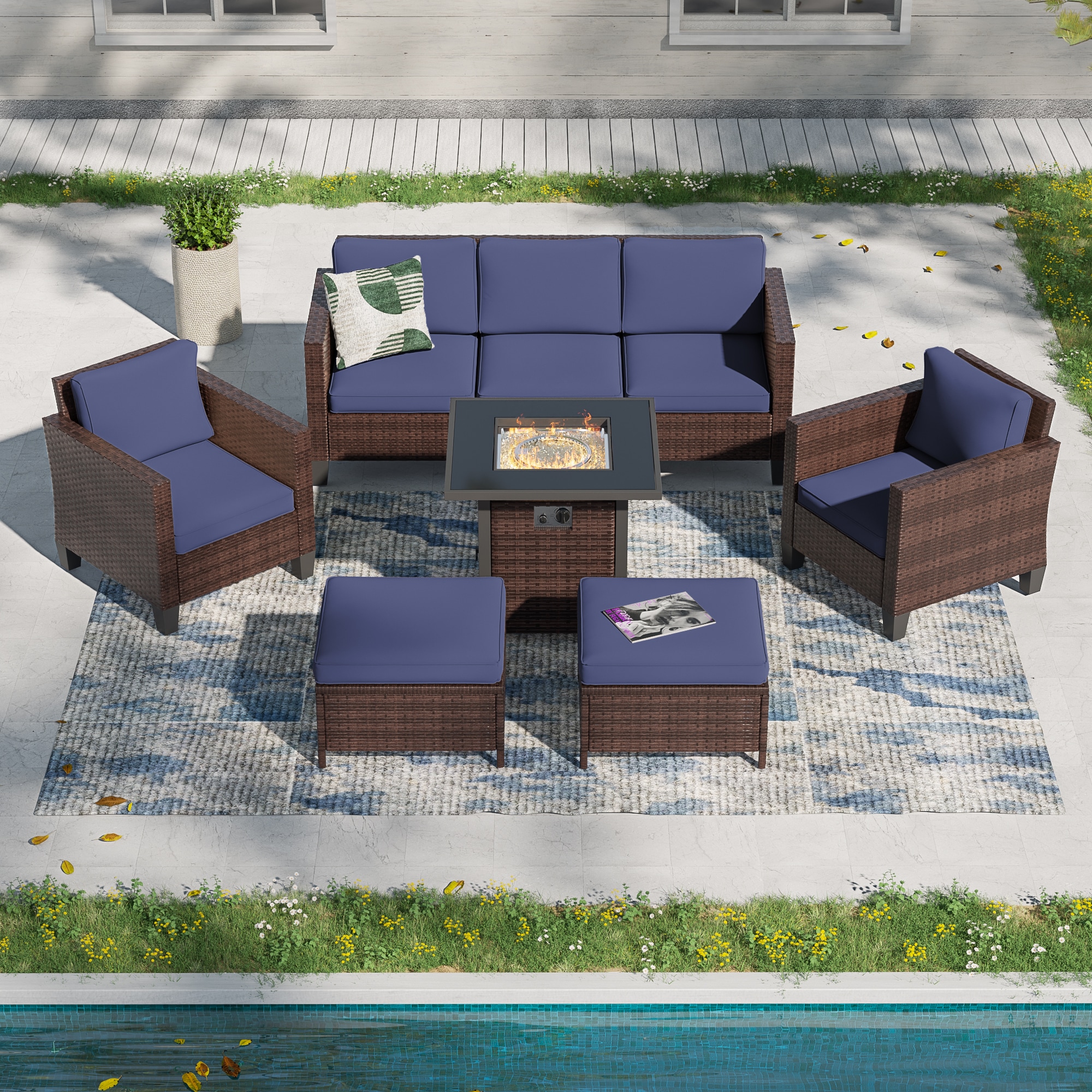 ACEGOSES LW-115BNY-T4 Skytop 6 -Piece Wicker Patio Sofa Conversation Set with Blue Cushions