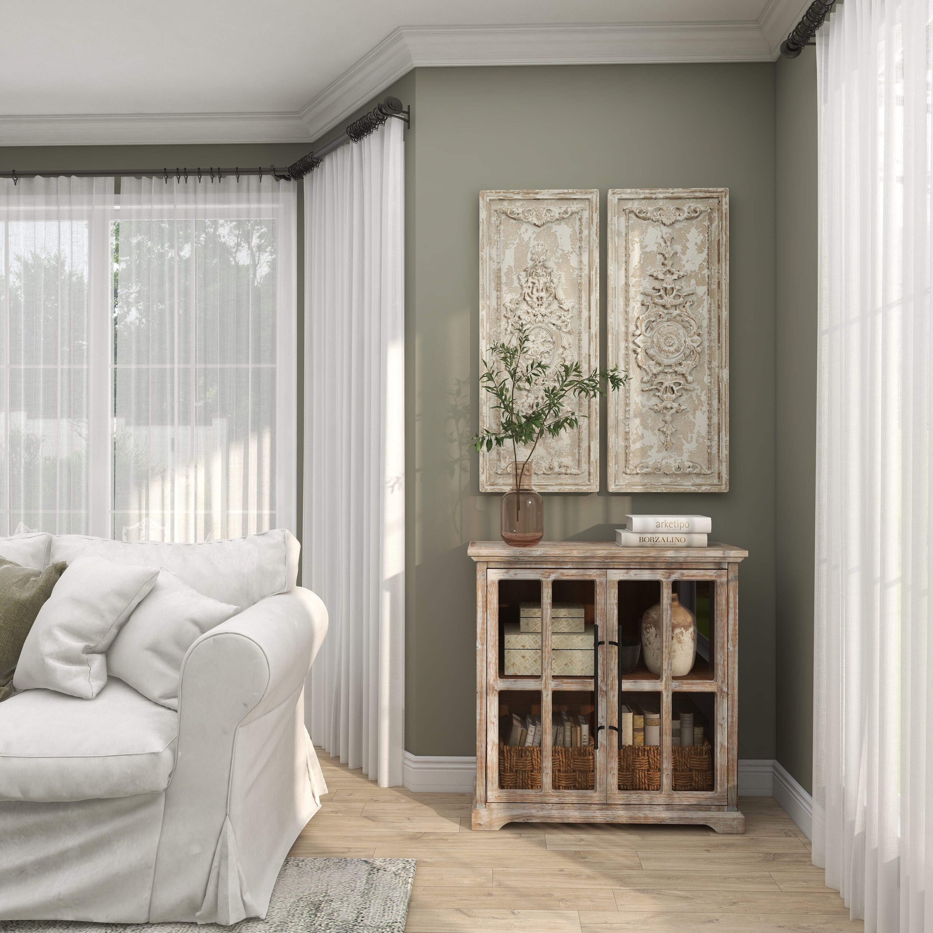 Weathered Brown Wood and Glass Farmhouse Accent Cabinet