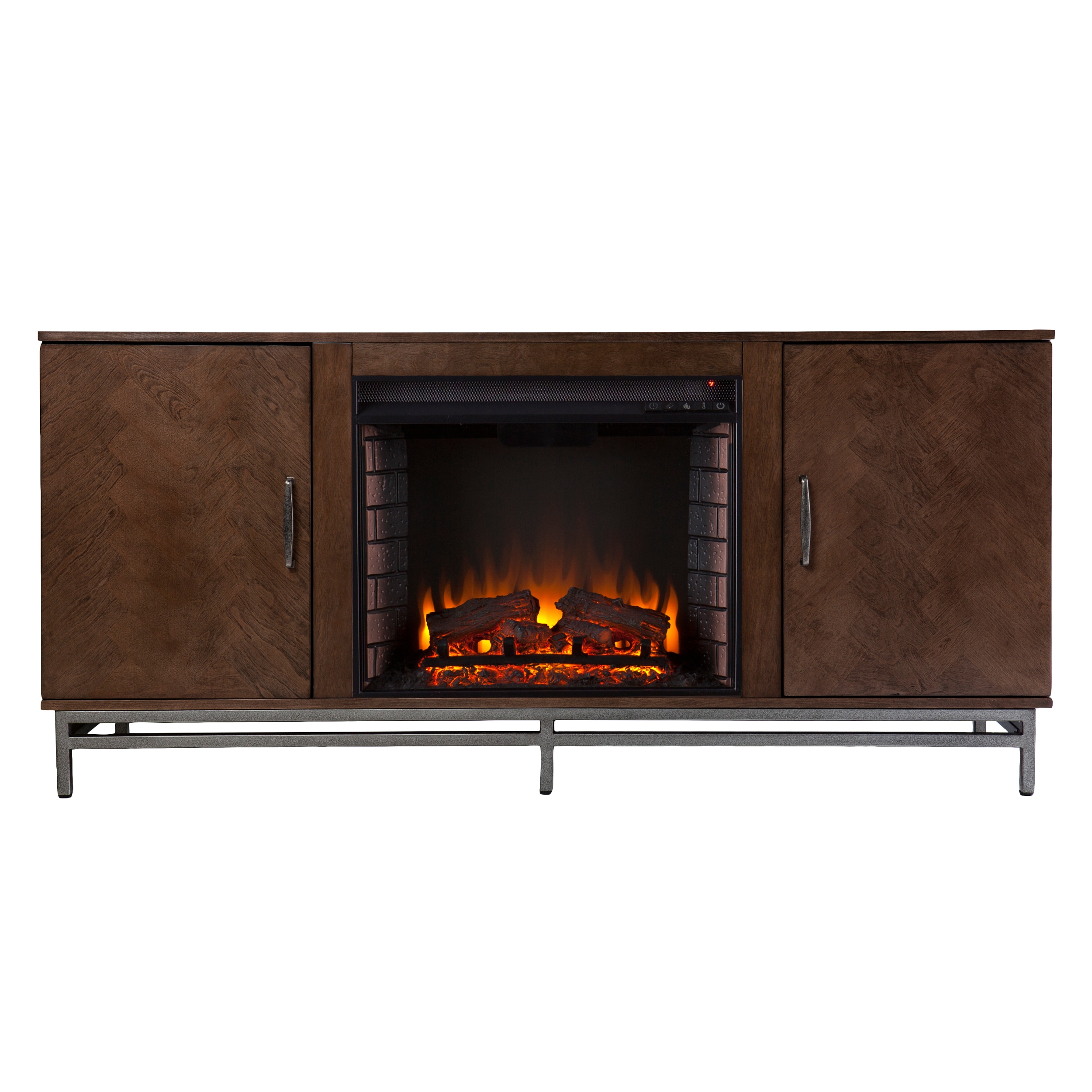 Southern Enterprises FE1095756 60-Inches W Brown and matte silver TV Stand with Fan-forced Flat wall Electric Fireplace with Remote Control Included