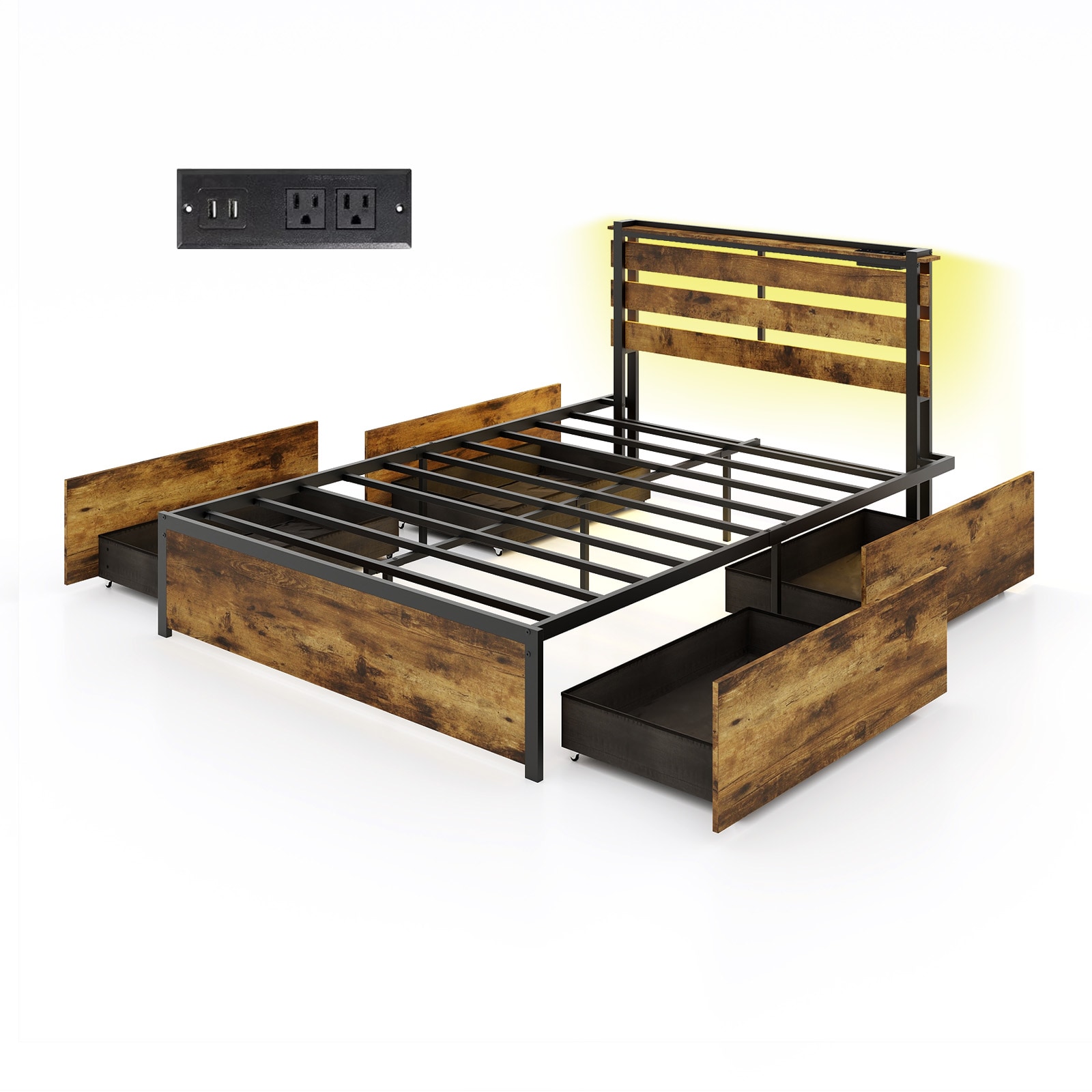 Iseryn DC16899CFF Rustic Brown Full Metal Bed frame Bed with Storage