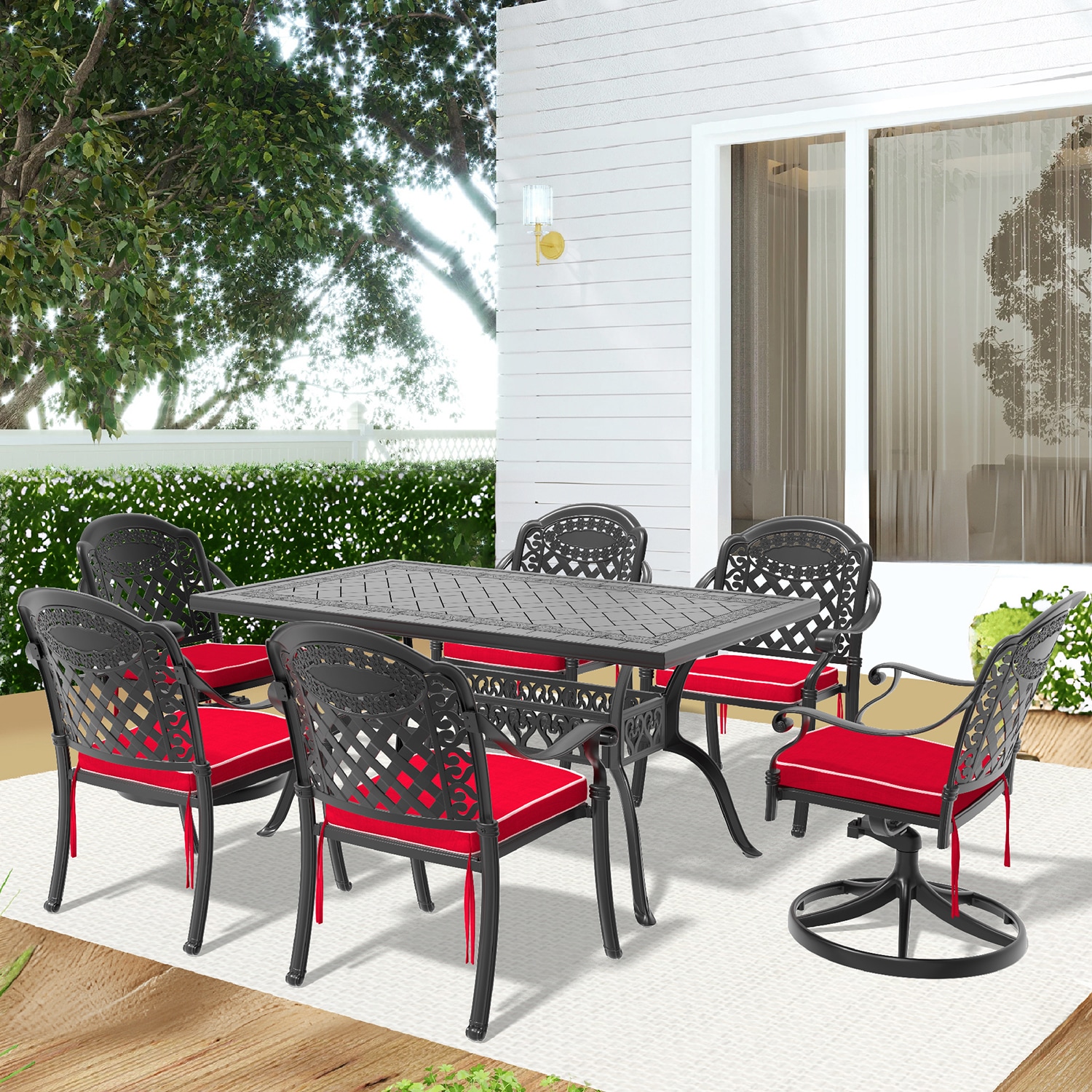 Dimakai DK-XG180DFX9 7 -Piece Black Patio Dining Set Aluminum Rectangle Table with 6 Multiple colors/finishes Cushions Swivel Chairs