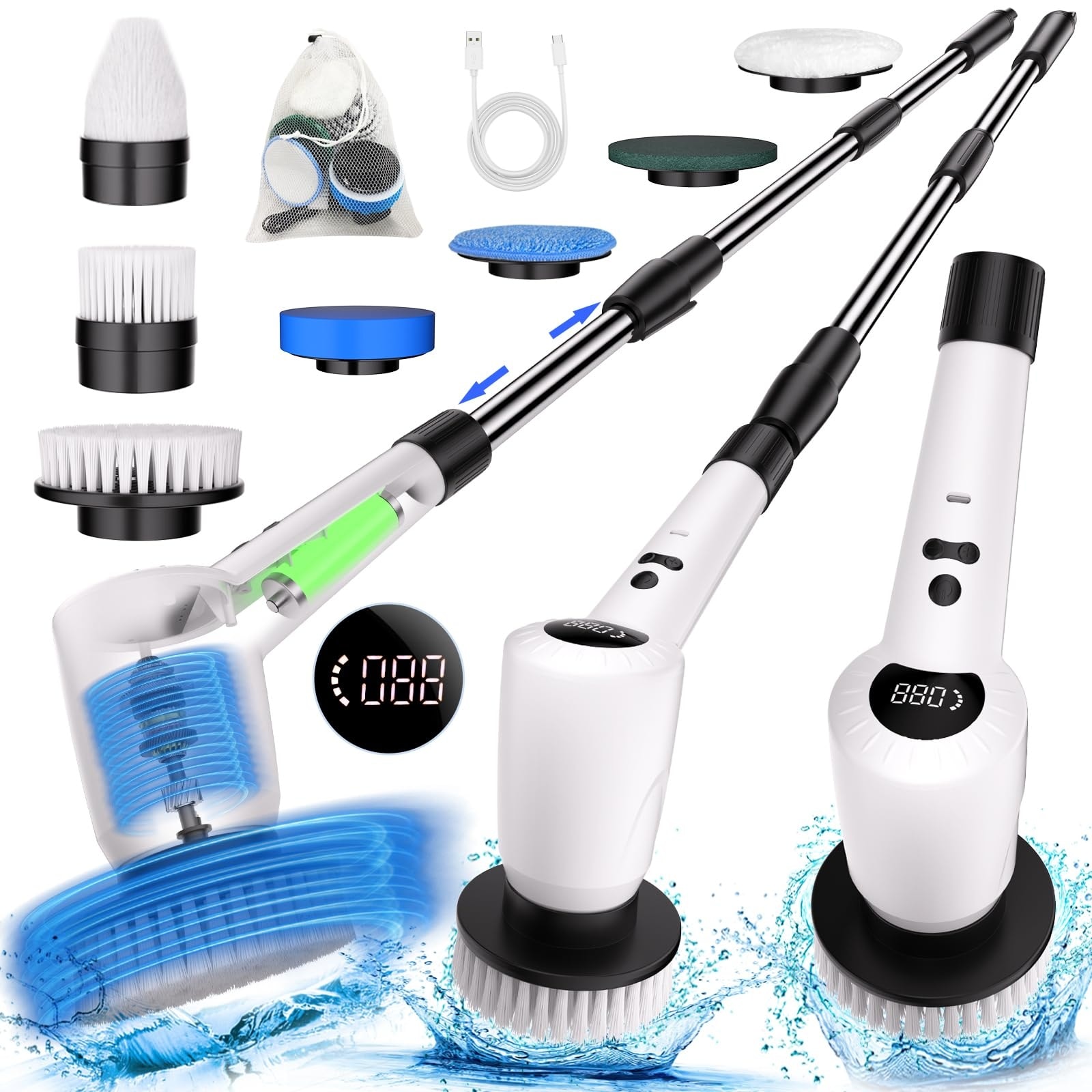 Anqtovp  Electric Spin Scrubber Cordless Tub and Tile Cleaner with 3 Adjustable Speeds 7 Replaceable Brush Heads Extension Arm 1 Set
