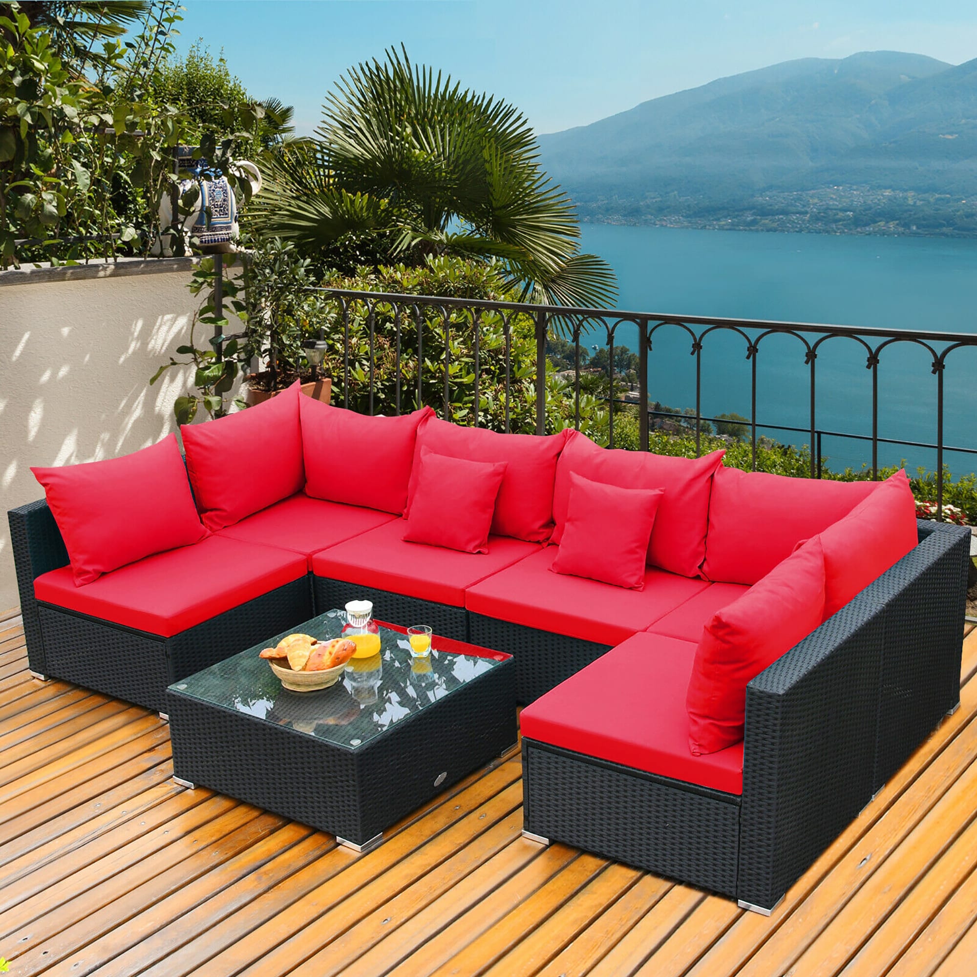BABOOM BOM-BRE+-CO Outdoor Furniture Set 7 -Piece Wicker 2 Patio Sofa Conversation Set with Red Red Cushions