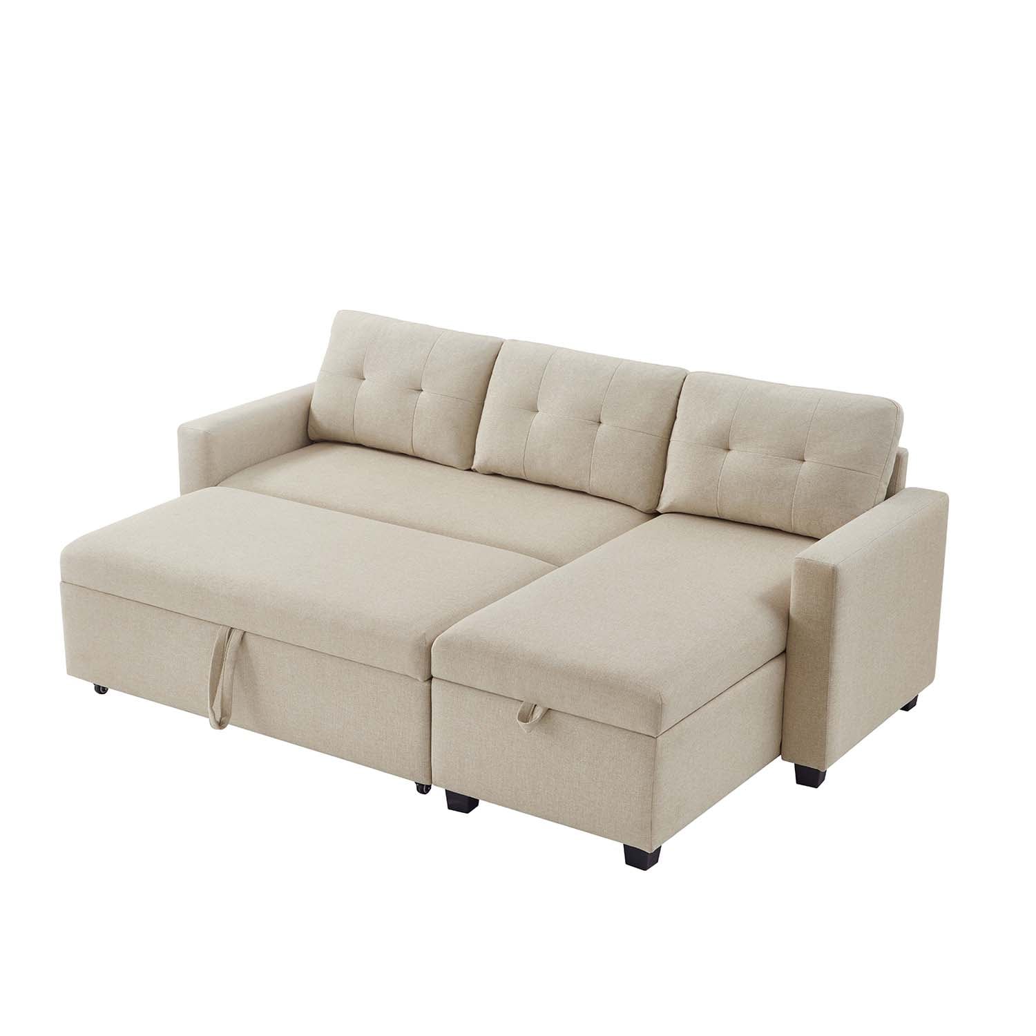GZMR GZ-GN3033F Upholstered Pull Out Sectional Sofa with Storage Chaise 81.5-in Modern Beige Linen 3 -seater Sofa
