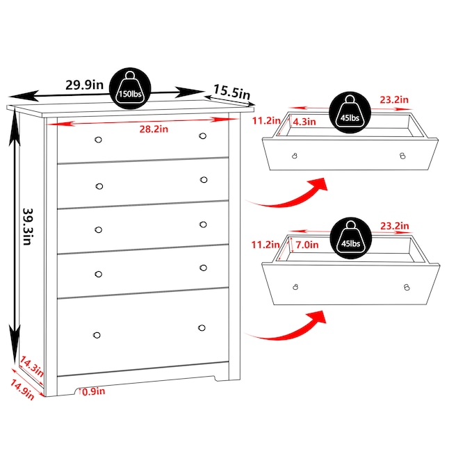 Veikous White 5 Drawer Standard Dresser, Average Dresser Drawer Width
