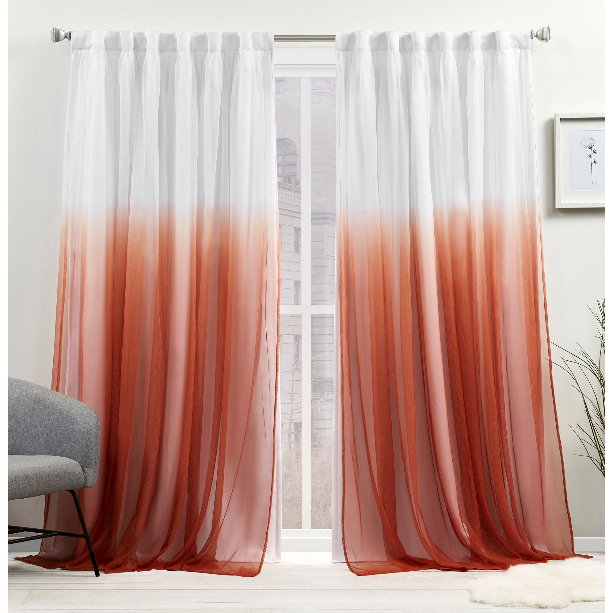 Orange Pink Sheer Window Curtains Pair Of Long Length Coral Each Voile Drape 