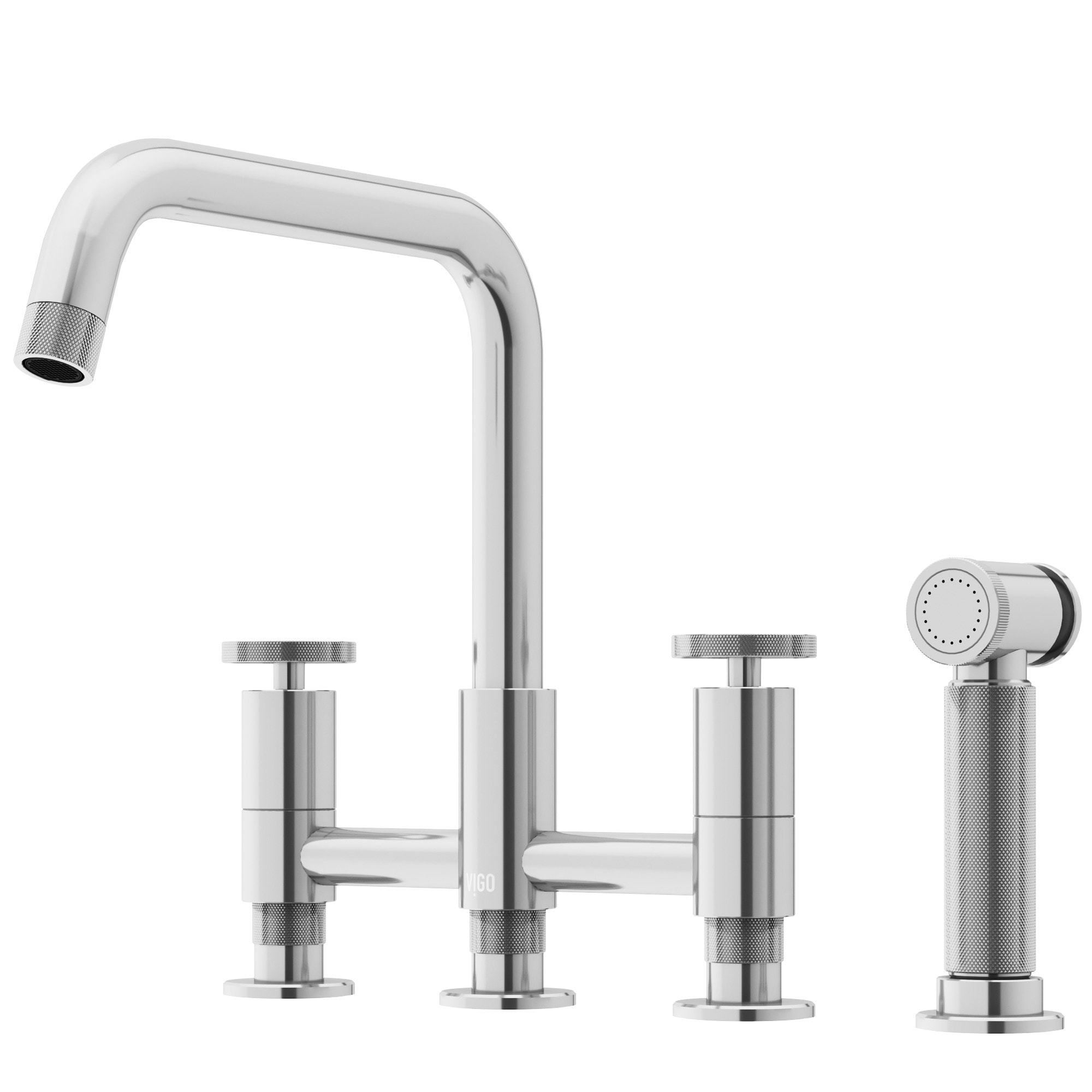VIGO VG02051CH Cass Chrome Double Handle Deck-mount Bridge Kitchen Faucet ( Side Sprayer Included )
