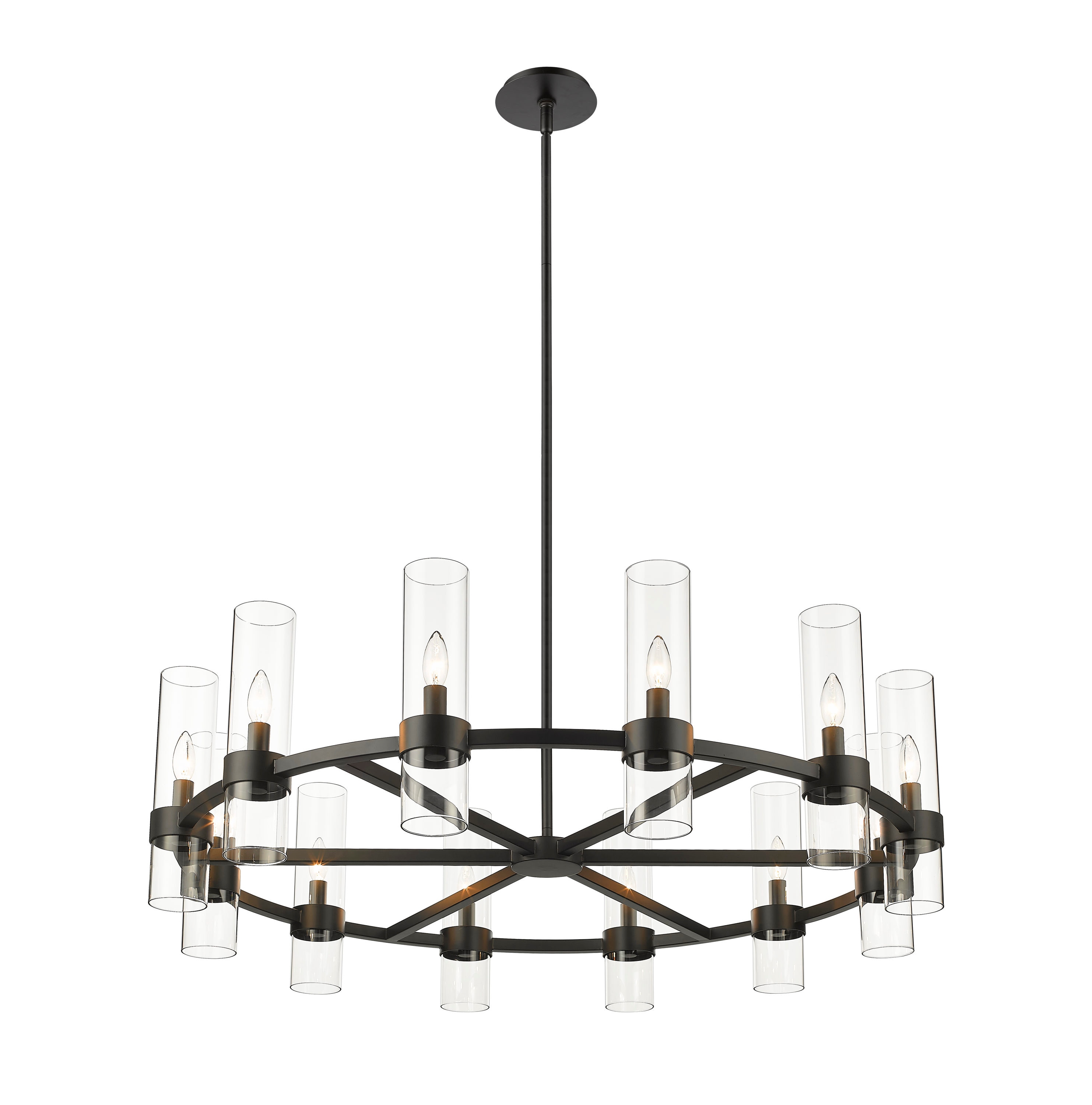 Datus Matte Black Iron Wagon Wheel Chandelier with Clear Glass Uplights
