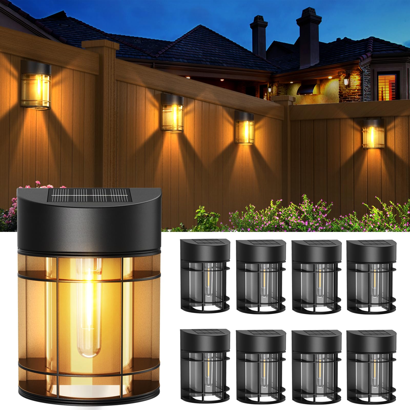 Adrinfly  8 pack solar fence lights outdoor waterproof deck lights warm white LED dusk to dawn wall mount for yard patio porch driveway garden