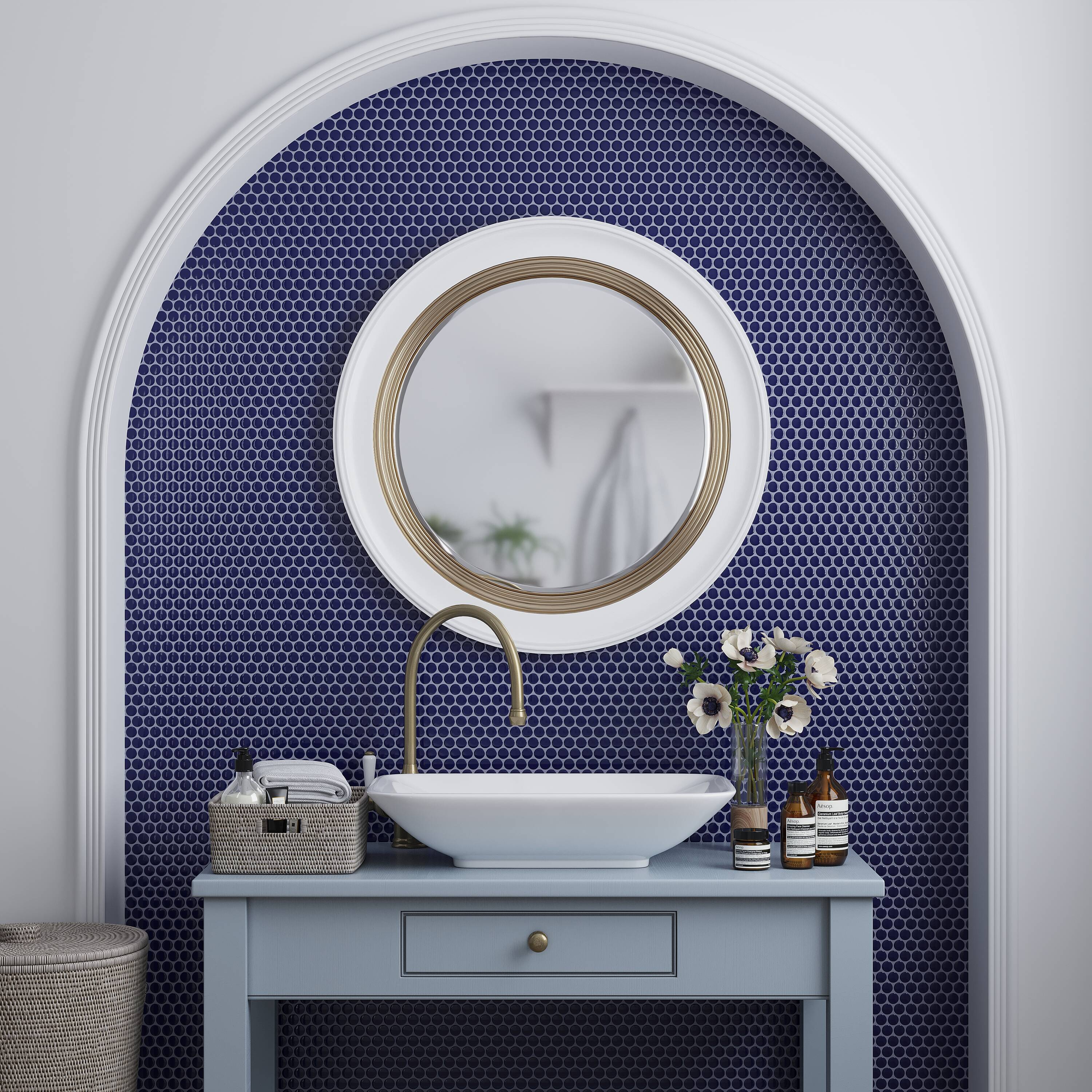 Apollo Tile ORB88011NVGA Cirkel Indigo Blue 12-in x 12-in Glossy Porcelain Patterned Penny round Mosaic Floor and Wall Tile ( 9.87-sq ft Carton