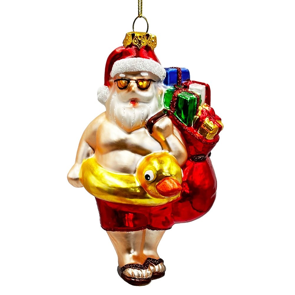 OrnamentallyYou G189 Santa on Summer Vacation in the Pool Quirky Glass Christmas Ornament Rubber Duckey Tropical Holiday