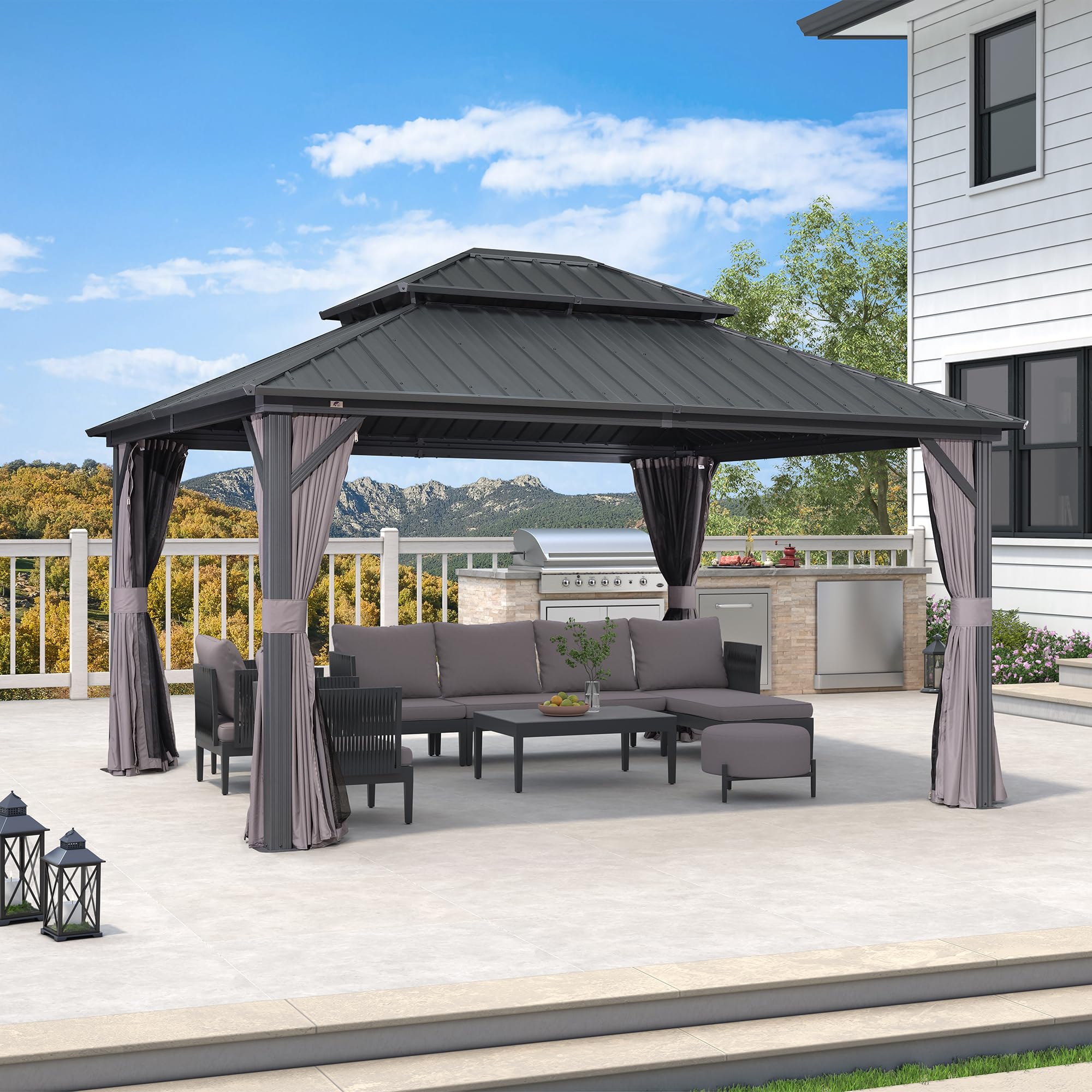 PURPLE LEAF LS04JJG1214 14-ft x 12-ft Gazebo Gray Gazebo with Hardtop Roof (Screen Included)