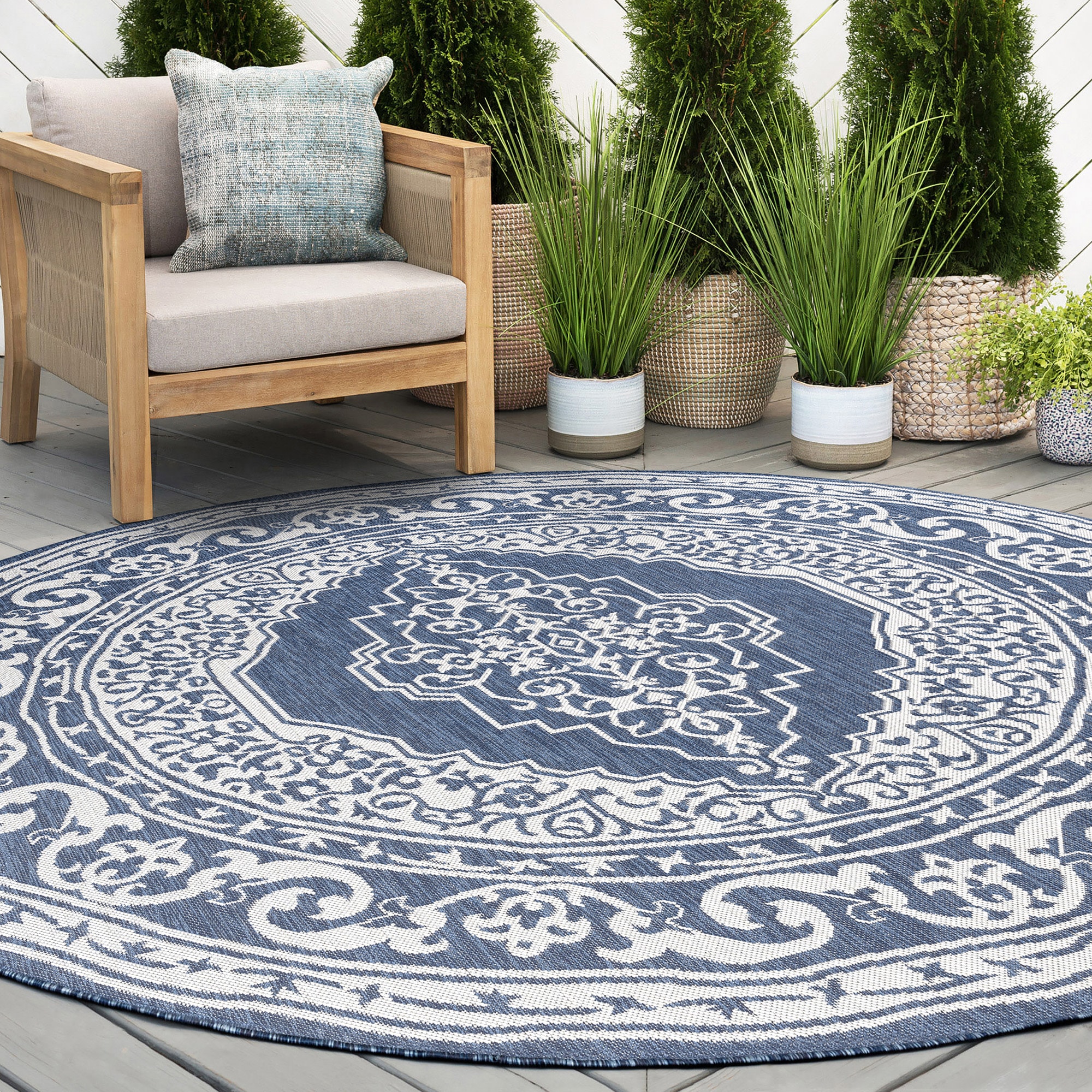 Tayse ECO1605 6RND Eco 6 x 6 (ft) Flatweave Polypropylene Navy Round Indoor/Outdoor Area rug
