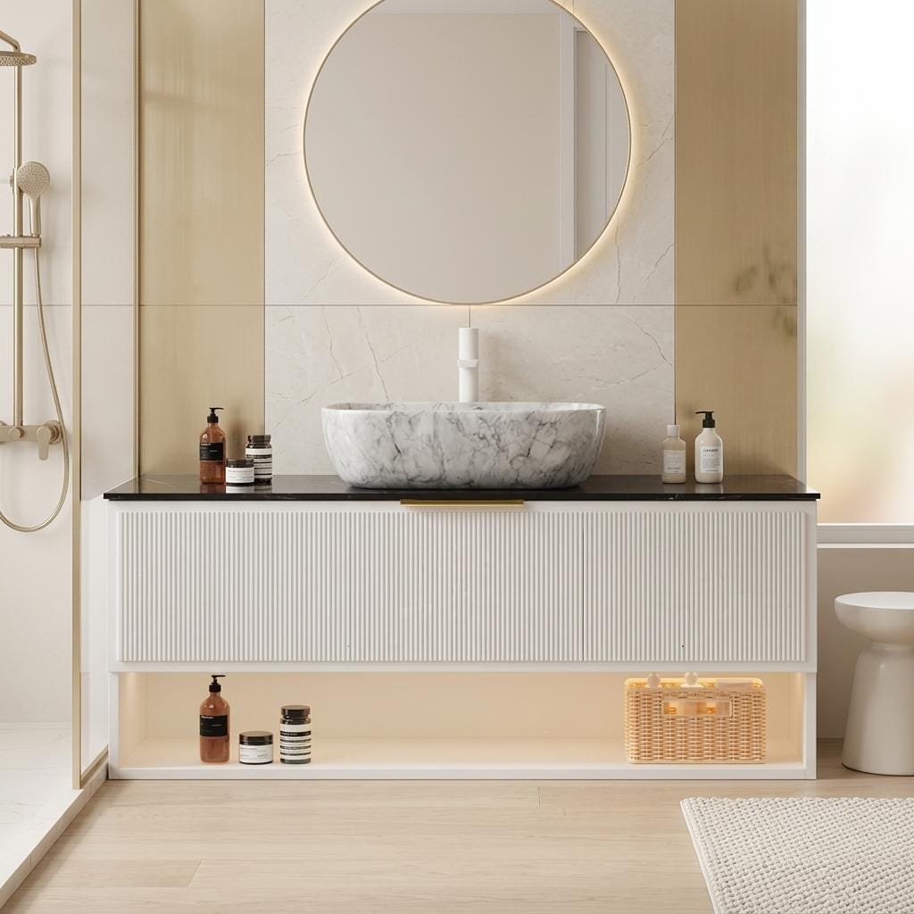 Homy Casa 48-in W White Bathroom Vanity with Soft Close Drawers Marble Pattern Ceramic Vessel Basin and Black Sintered Stone Top