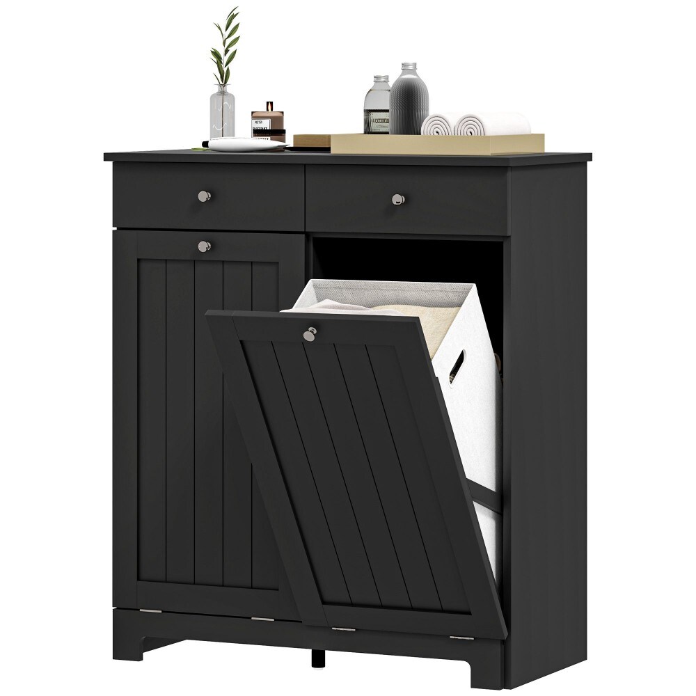 Taoi Fxio Black Laundry Hamper Cabinet Modern Tilt Out Laundry Storage Cabinet with 2 Removable Fabric Baskets and 2 Storage Drawers Anti Tipping Design with Beadboard Panel Doors for Laundry Room Bathroom